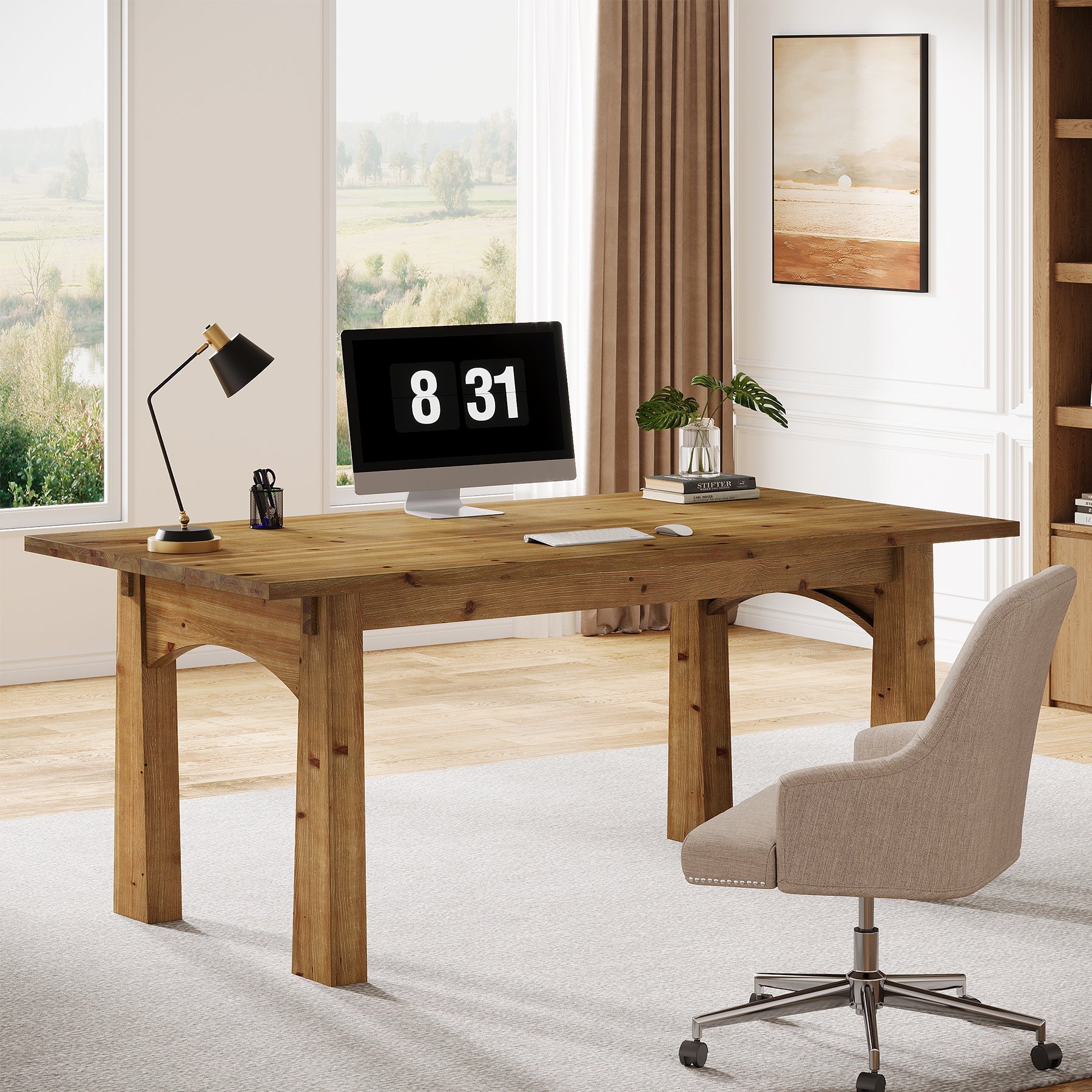 Solid Wood Executive Desk, 63" Computer Desk with Sturdy Wooden Legs