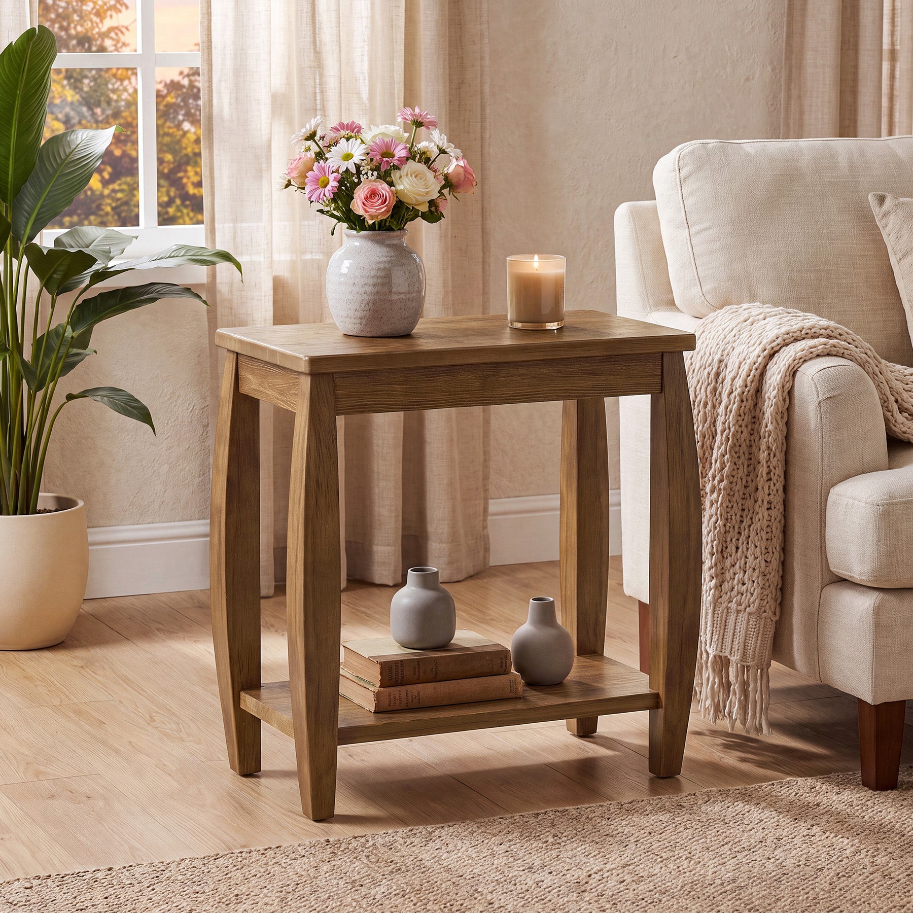 23.62" Solid Wood End Table, 2-Tier Narrow Side Table for Living Room, Small Places