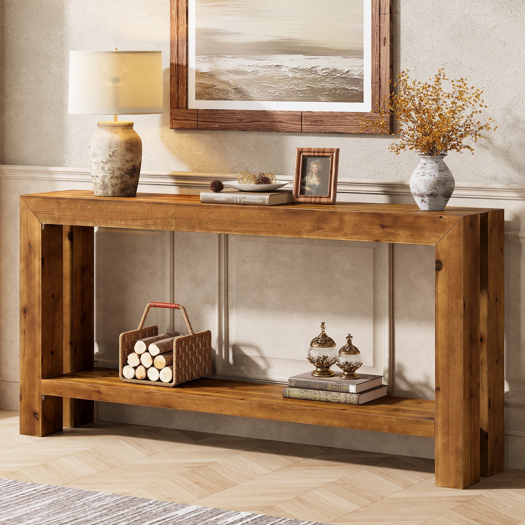 63" Solid Wood Console Table, 2-Tier Sofa Entryway Table for Hallway
