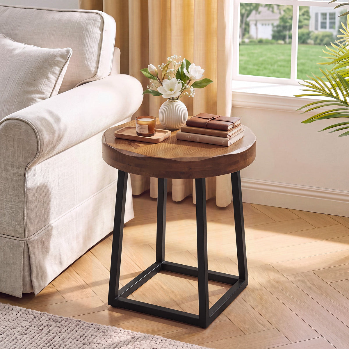 19.69" Solid Wood Round End Table, Live Edge Side Table with Metal Base for Living Room