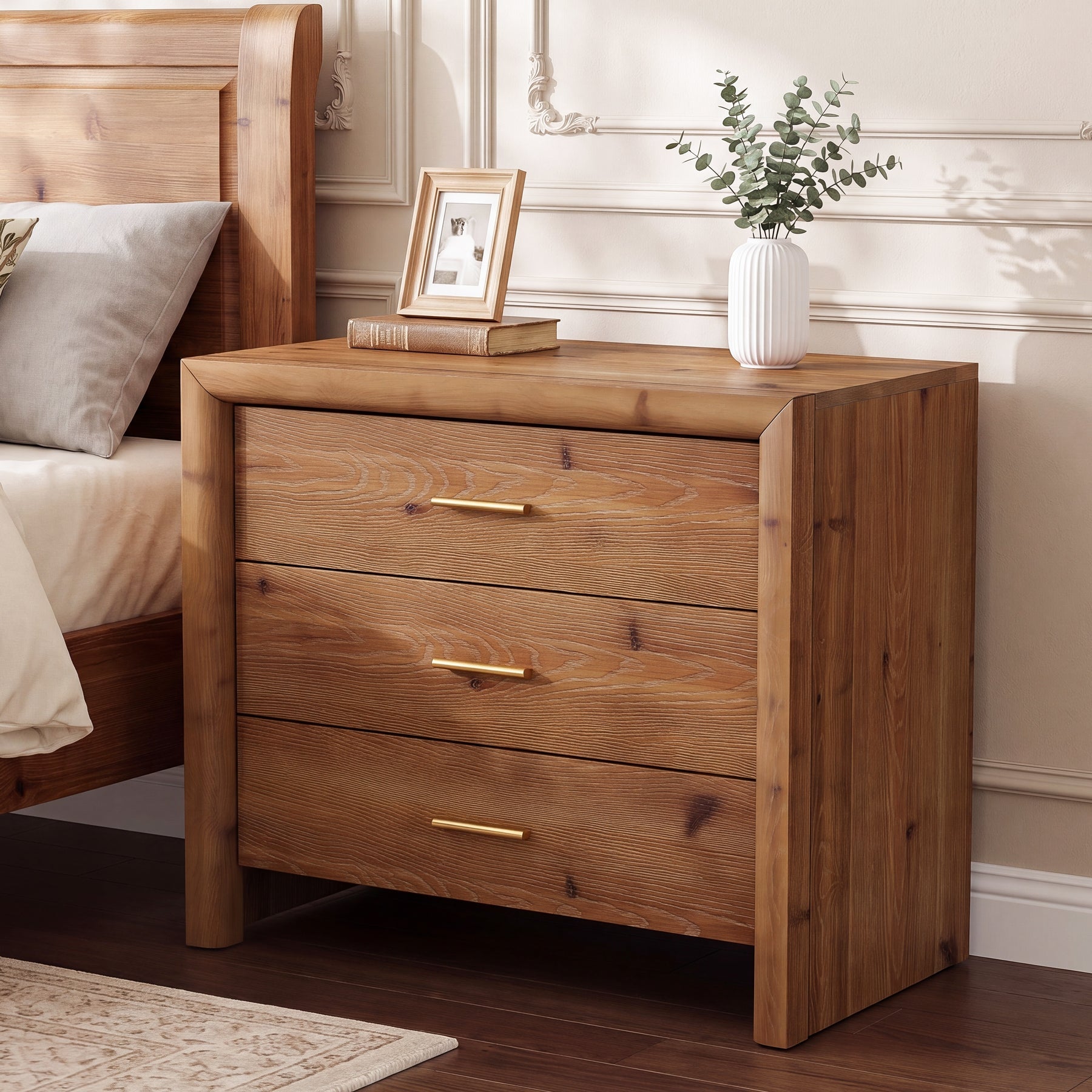Solid Wood Nightstand with 3 Drawers, 31.5" Oversized Bedside Table for Bedroom