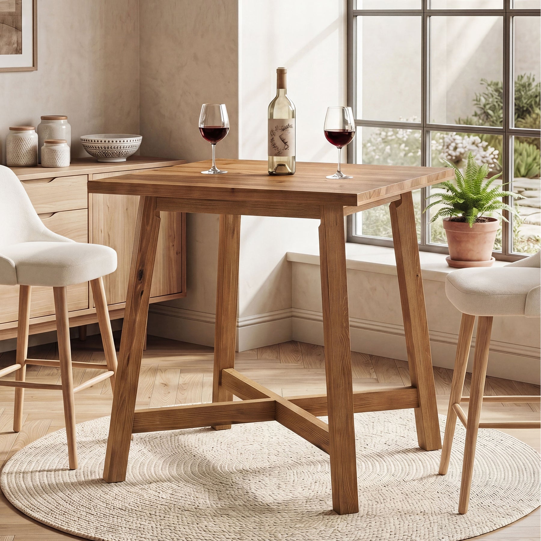 Solid Wood Bar Table, 31.5" Square Counter Height Pub Bistro Table with Footrest