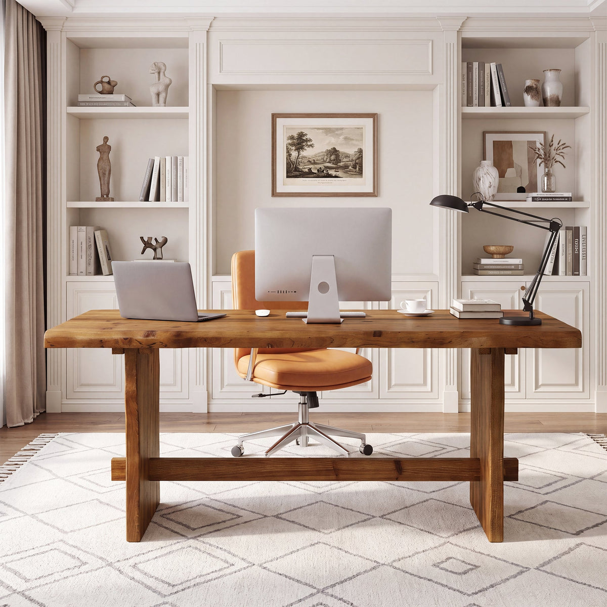 63" Solid Wood Executive Desk, Live Edge Computer Desk with Sturdy Panel Legs for Home Office