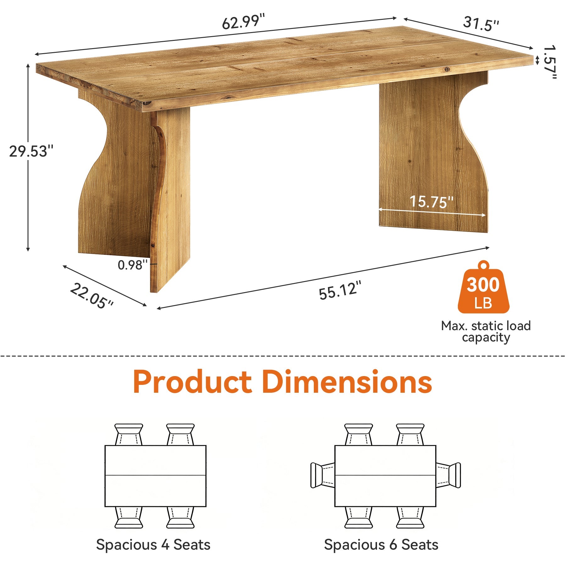 63" Solid Wood Dining Table, Rectangular Kitchen Table For 4-6 People