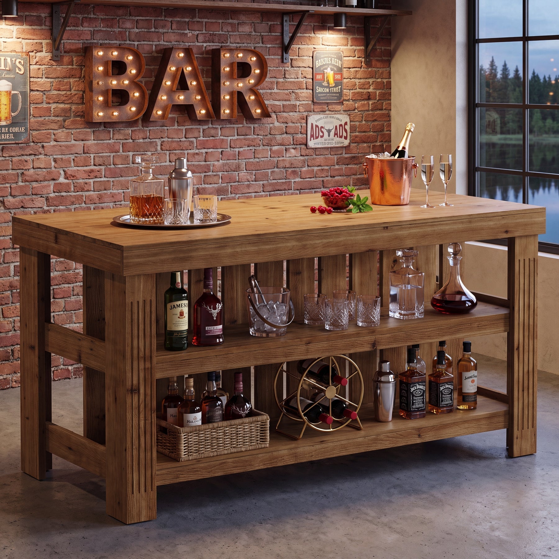63" Solid Wood Bar Table, 3-Tier High Top Table with Large Rectangle Worktop