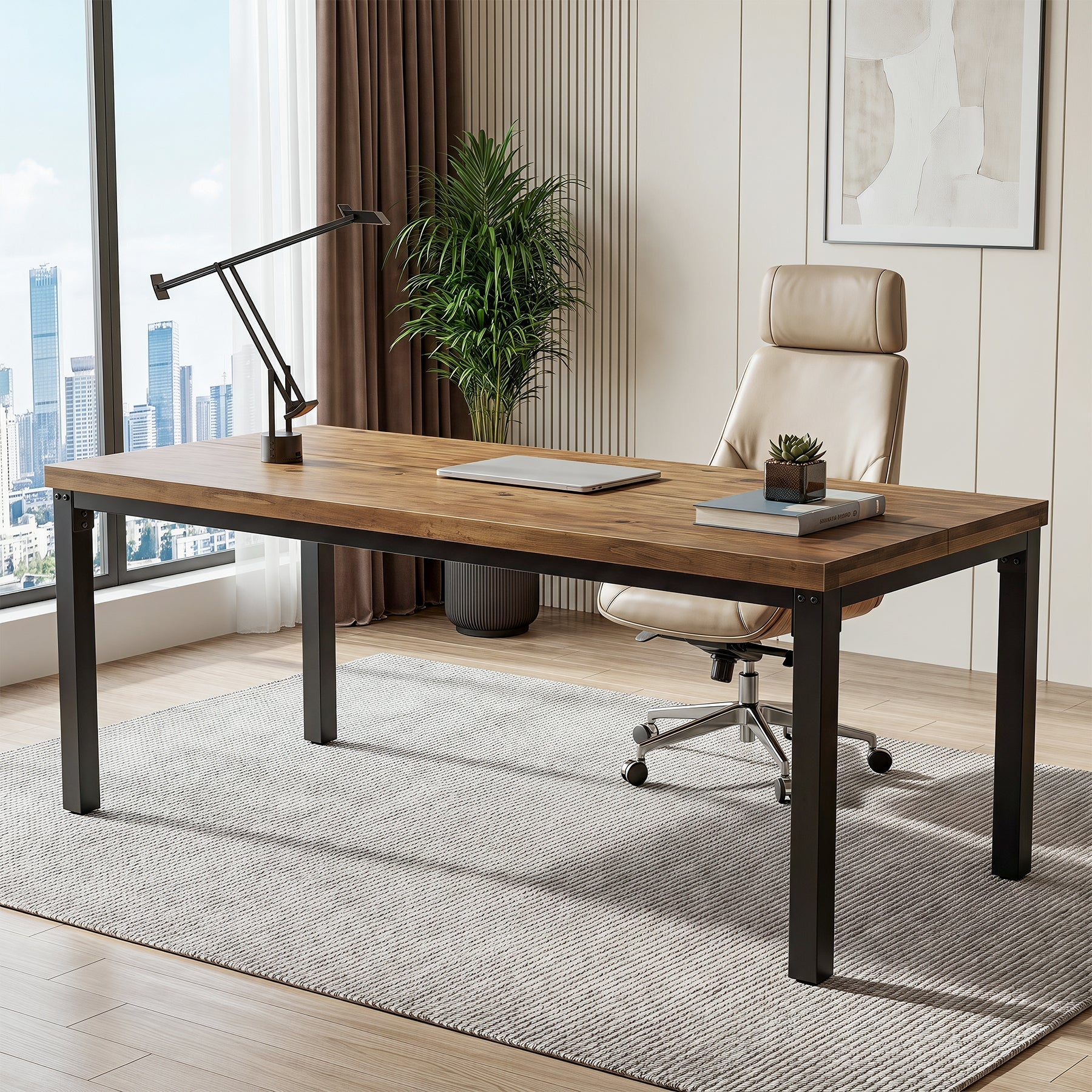 70.9" Computer Desk, Industrial Executive Office Desk with Solid Pine Wood Top