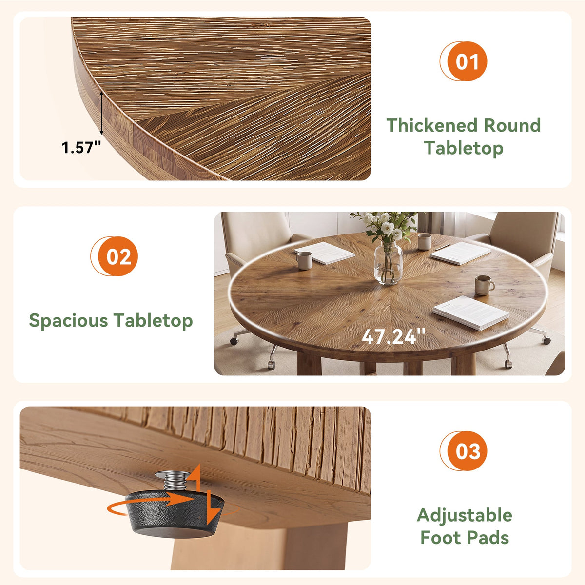 47" Round Conference Table for 4-6, Solid Wood Farmhouse Meeting Room, Home Office