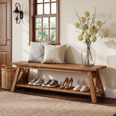 55" Solid Wood Entryway Bench, Farmhouse Shoe Seating with Storage 3