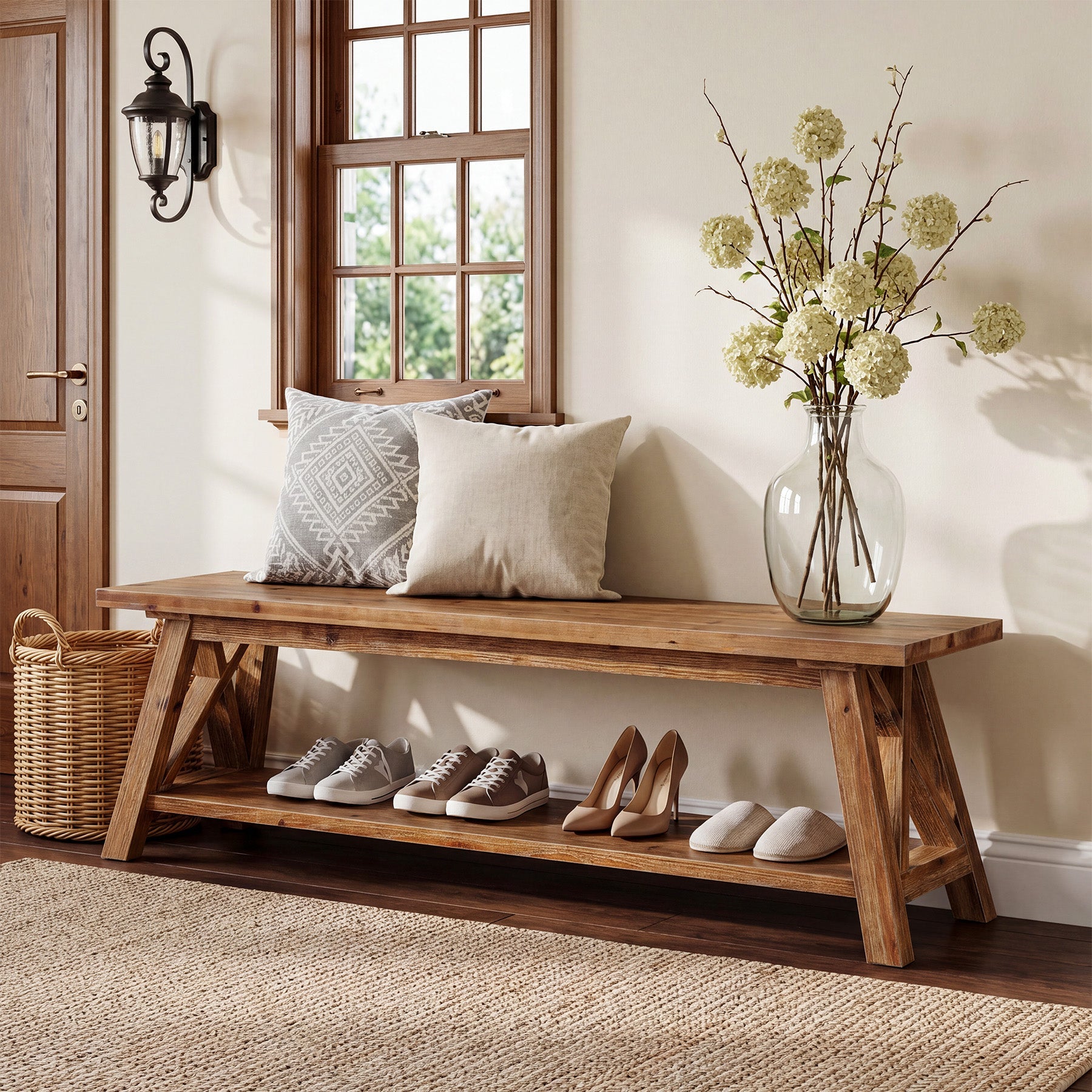 55" Solid Wood Entryway Bench, Farmhouse Shoe Seating with Storage