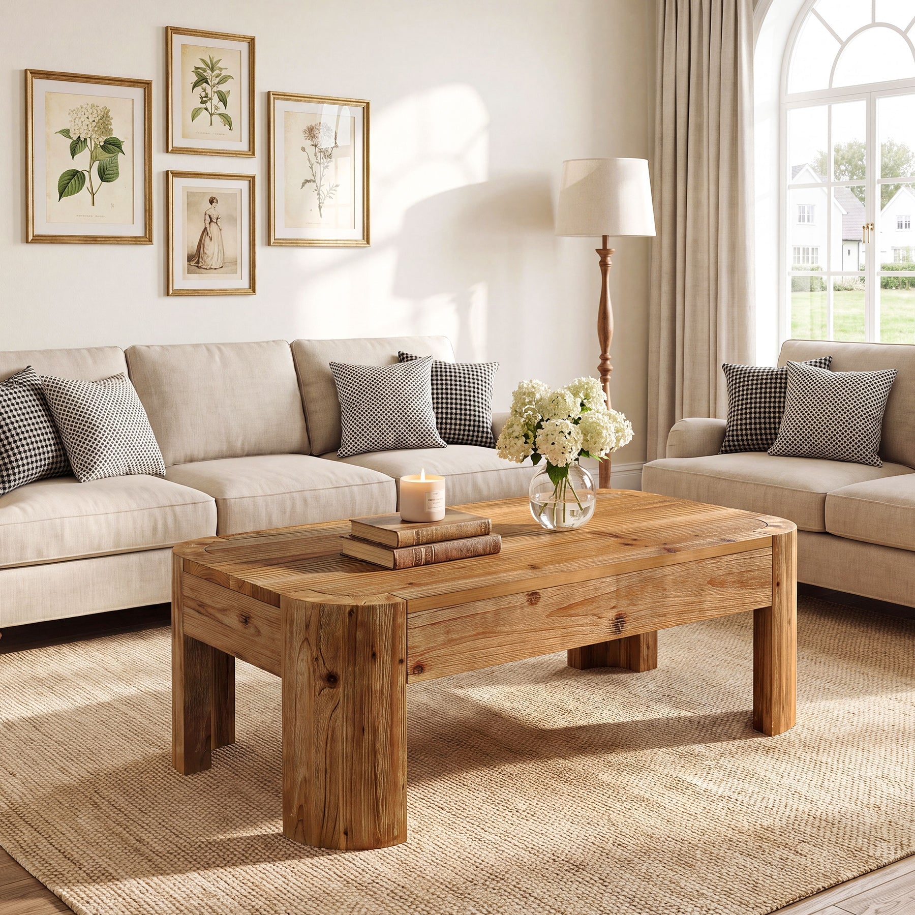 47.24" Solid Wood Coffee Table, Rectangular Center Table with Rounded Corners for Living Room