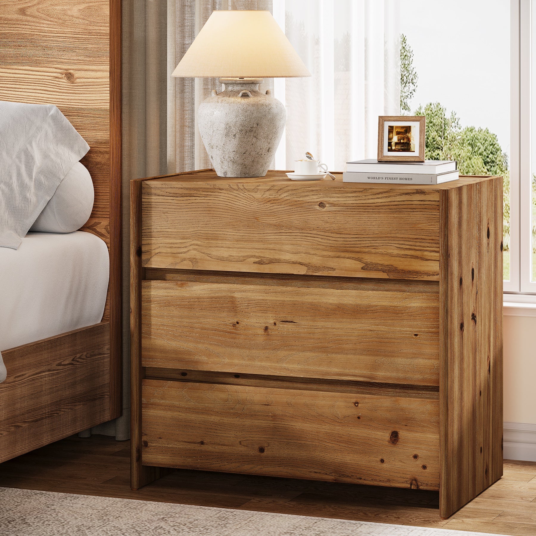 Oversized Solid Wood Nightstand, 31.5" Wide Bedside Table with 3 Drawers