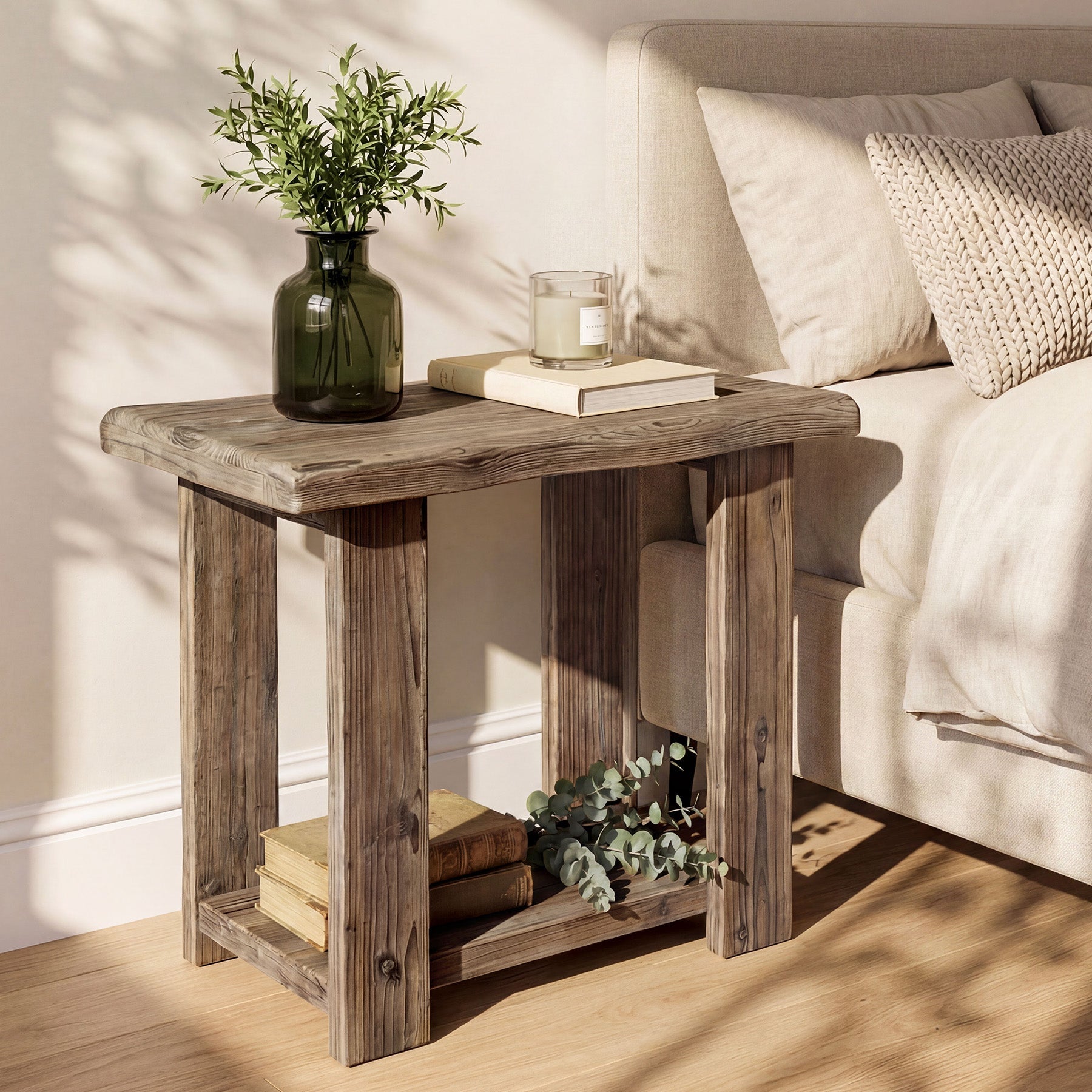 2-Tier Solid Wood End Table, Rectangle Side Table Nightstands for Living Room, Bedroom