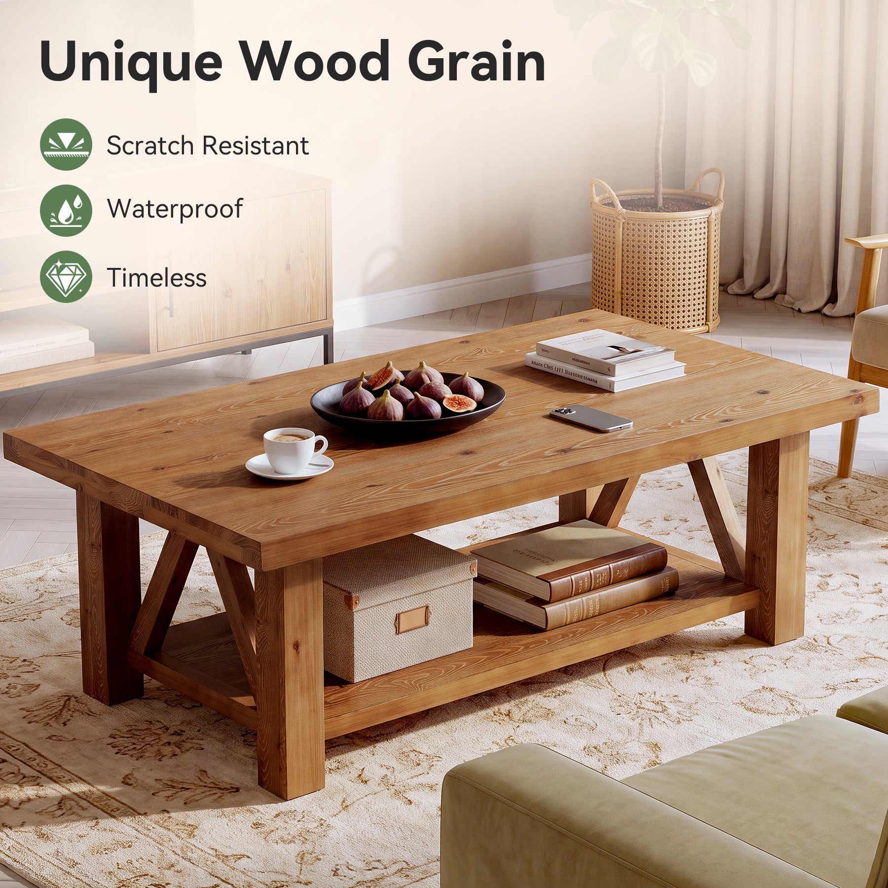 55" Rectangular Coffee Table, 2-Tier Solid Wood Center Table for Living Room