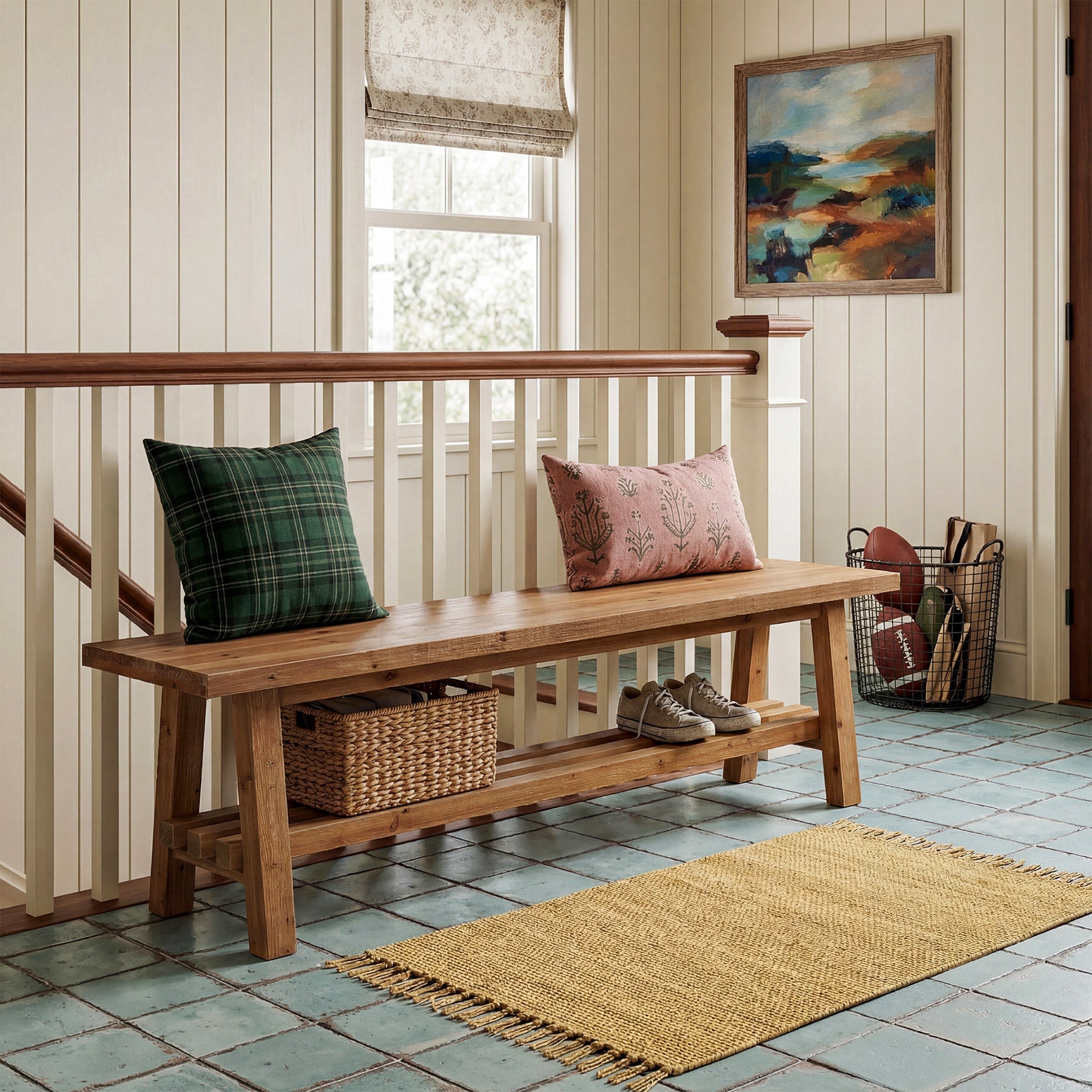55" Solid Wood Entryway Bench, 2-Tier Shoe Bench with Shelf for Hallway