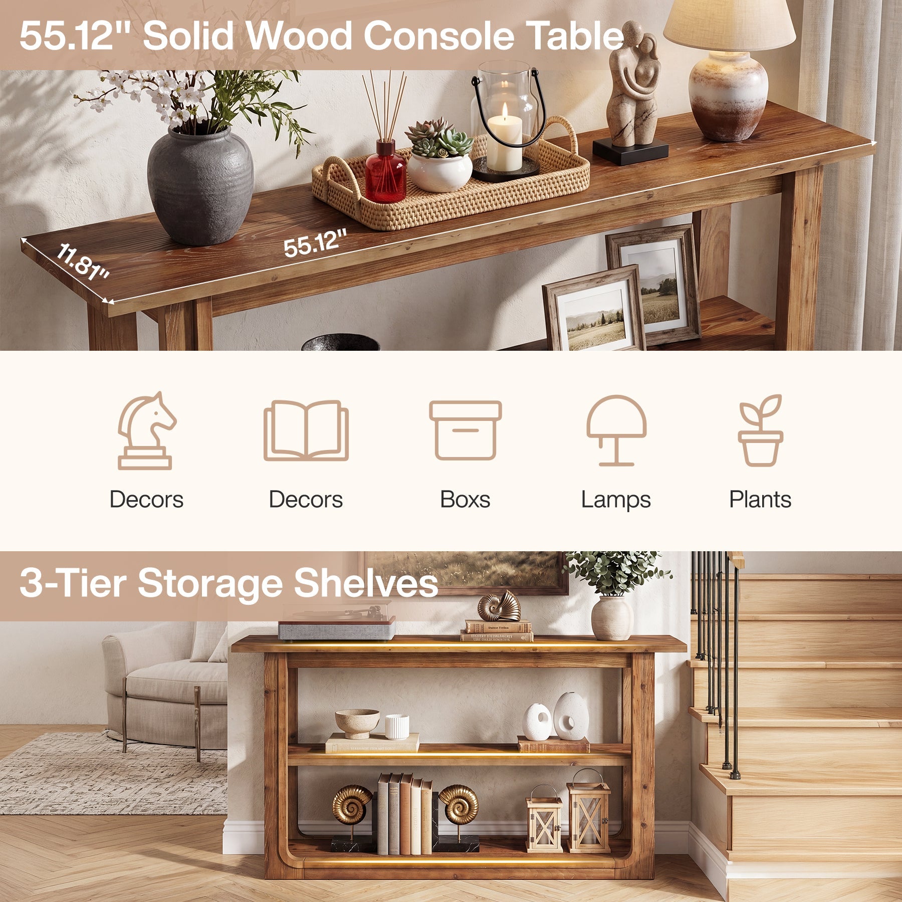 55" Solid Wood Console Table, 3-Tier Farmhouse Accent Sofa Table for Entryway