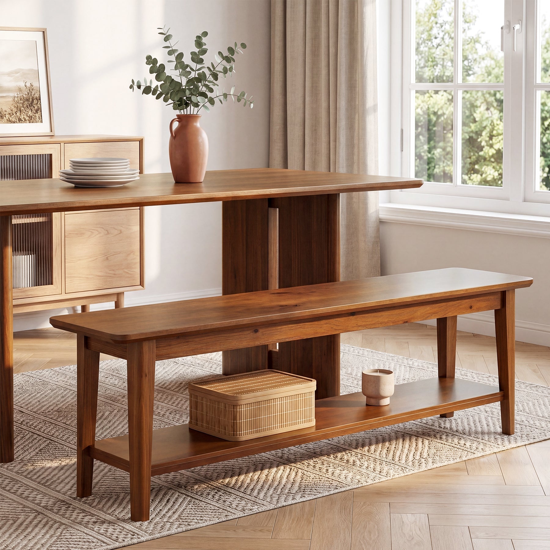 55" Solid Wood Dining Bench, Farmhouse Kitchen Bench with Lower Shelf