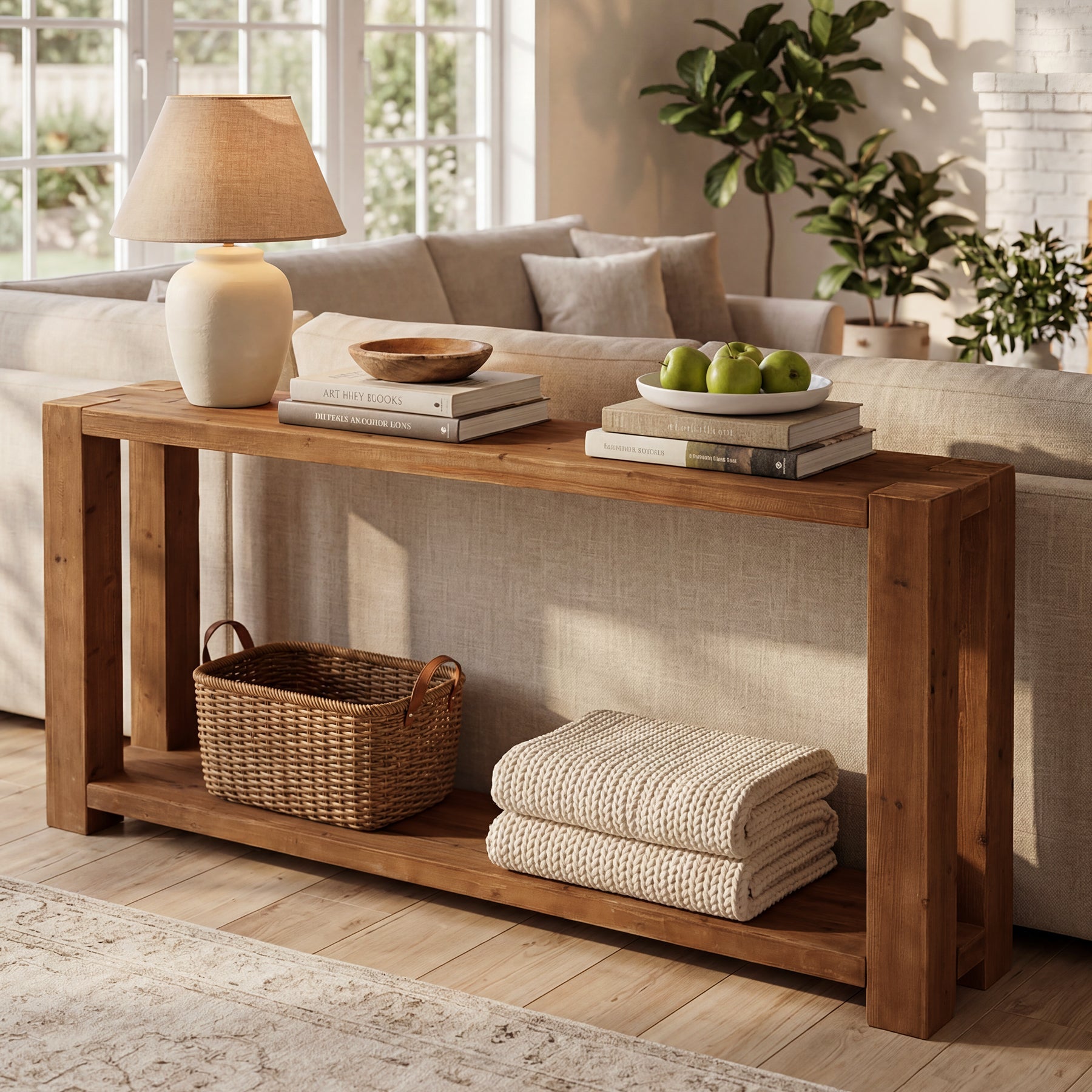 63" Solid Wood Console Table with Storage Shelf, Farmhouse Entryway Sofa Table for Hallway & Living Room