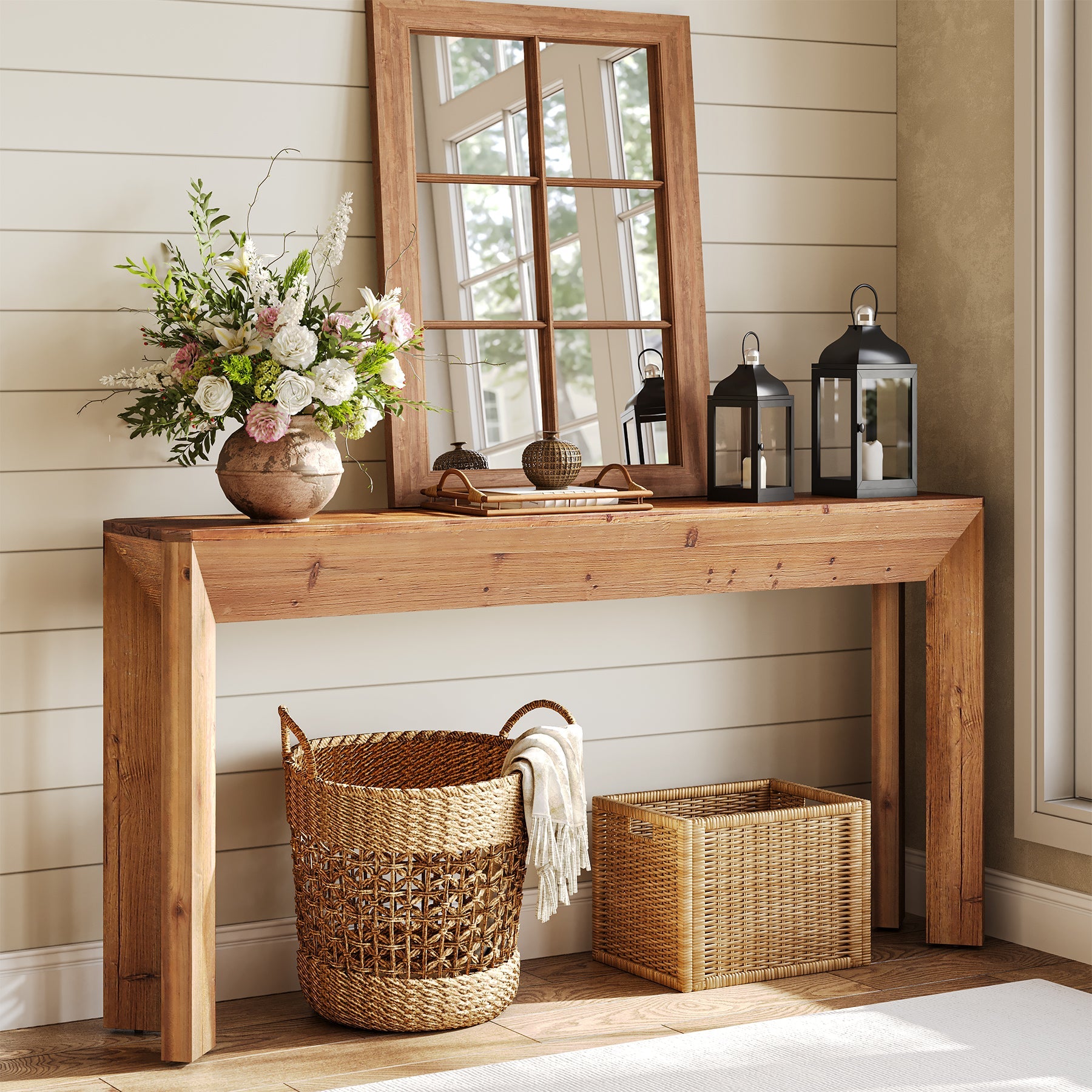 Solid Wood Console Table, 63" Entryway Table with Integrated Splayed Legs