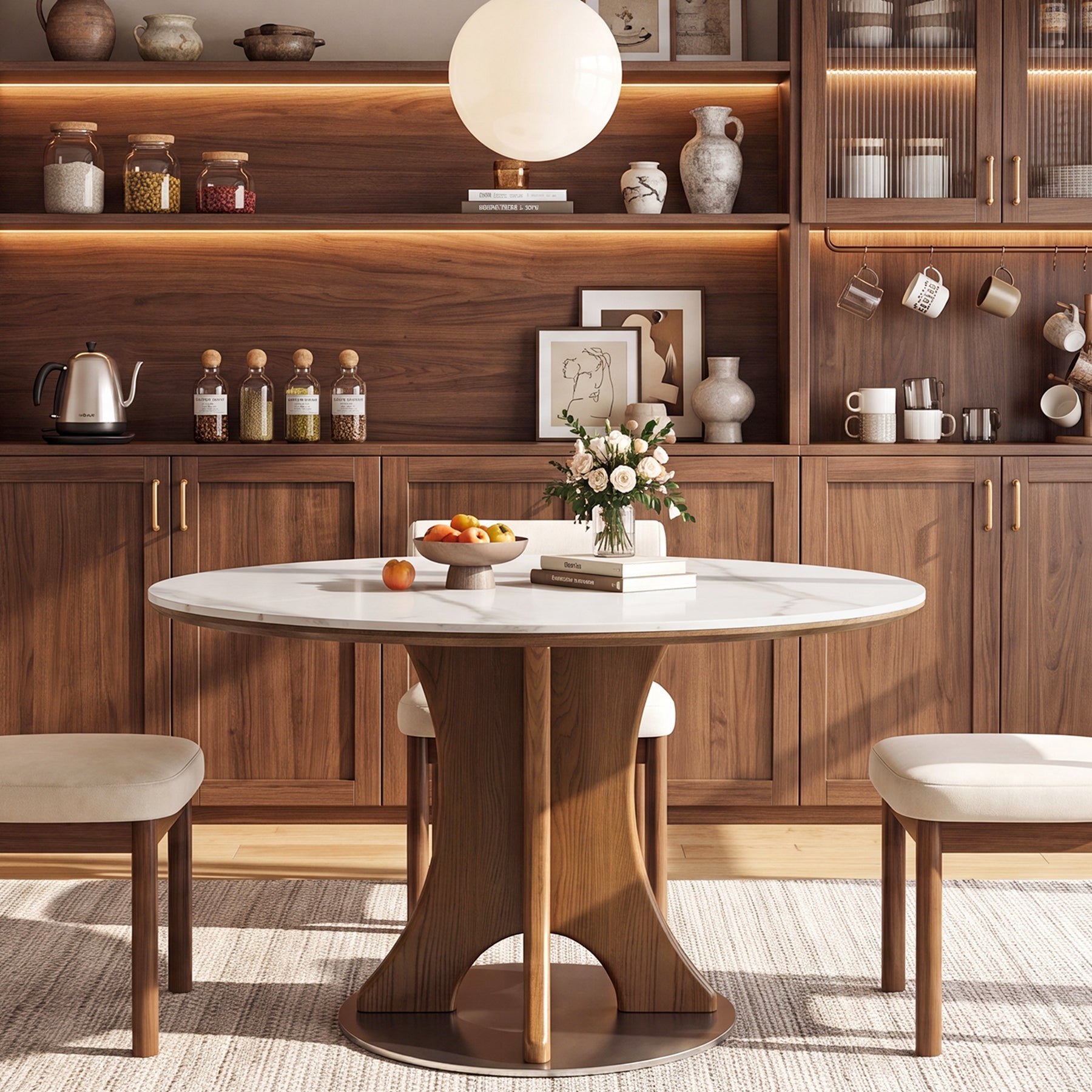 47" Luxury Sintered Stone Dining Table, Solid Wood Round Kitchen Table for 4-6 People