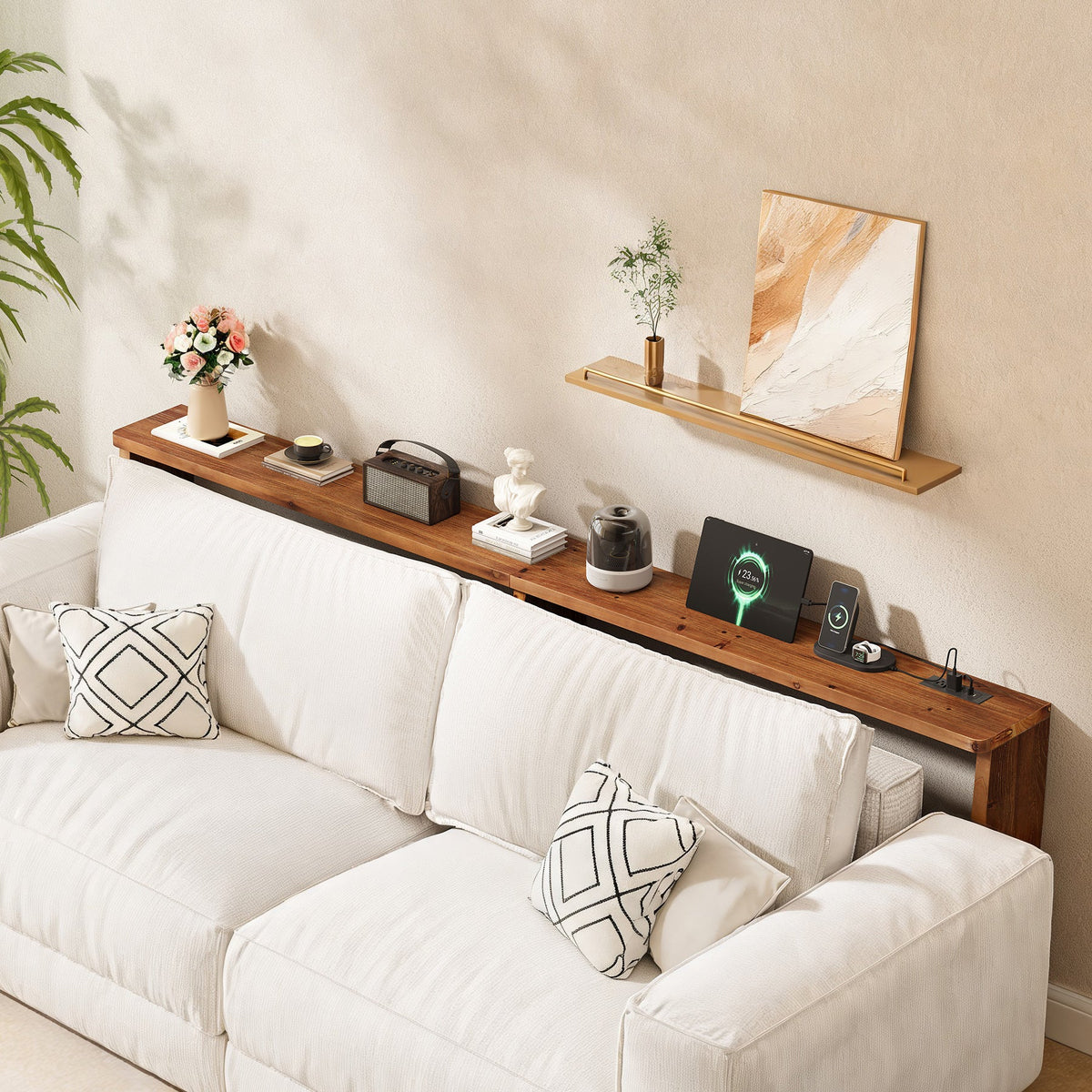 82.7" Narrow Solid Wood Sofa Table Behind Couch with Power Outlets and USB Ports
