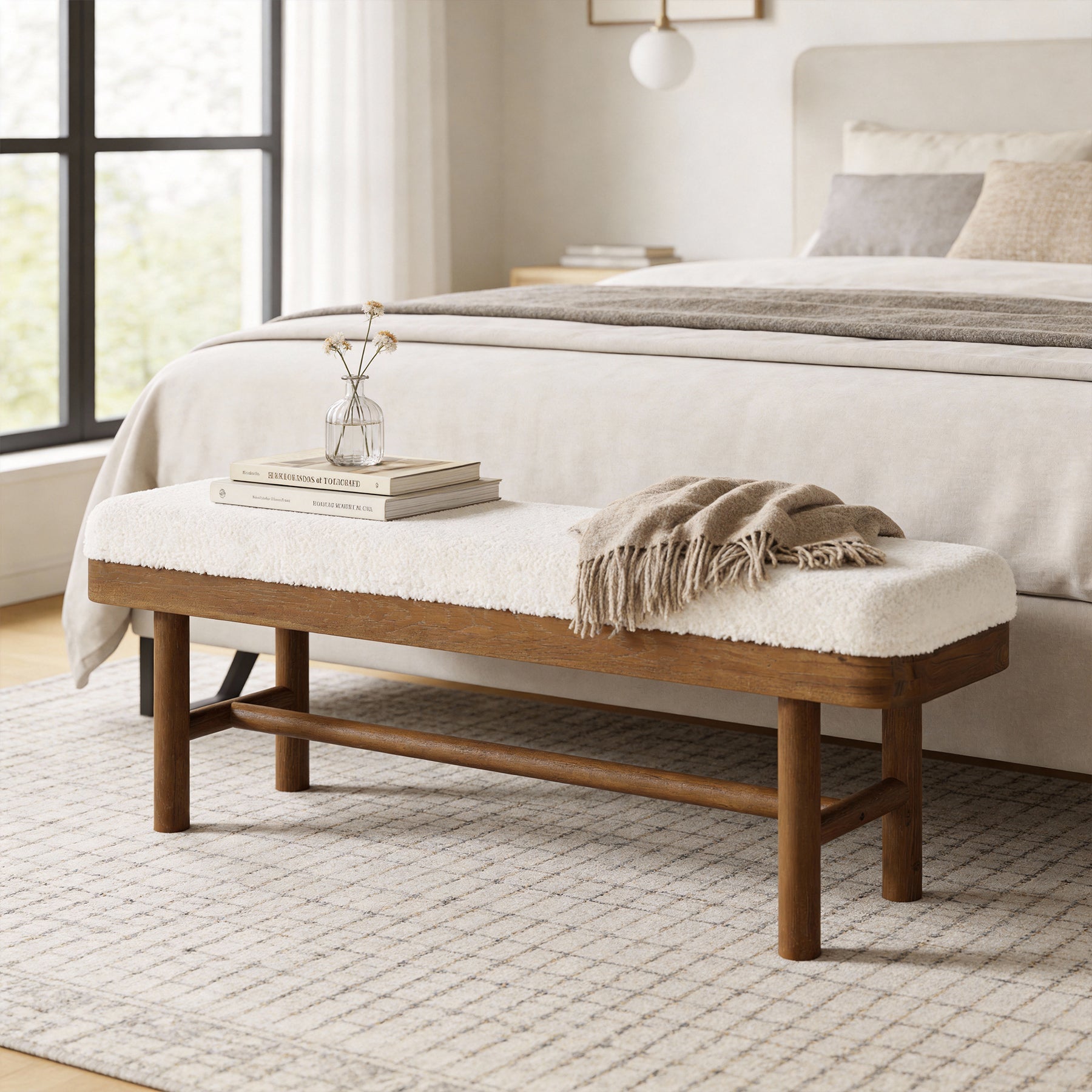 55" Upholstered Bedroom Bench, End of Bed Bench with Solid Wood Frame & Cushion