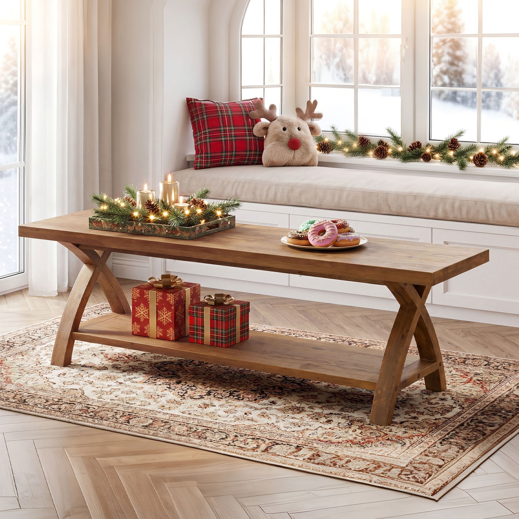 47.2-Inch Solid Wood Entryway Bench with Shoe Storage, 2-Tier Rustic Indoor End of Bed Bench