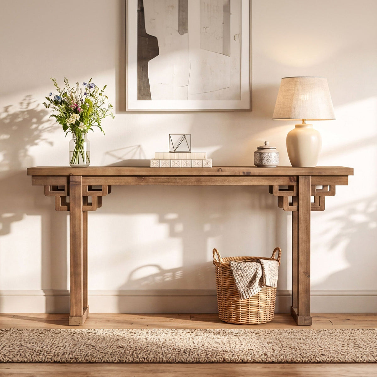 63" Farmhouse Console Table, Solid Wood Entryway Table, Thick Legs & Carved Detail