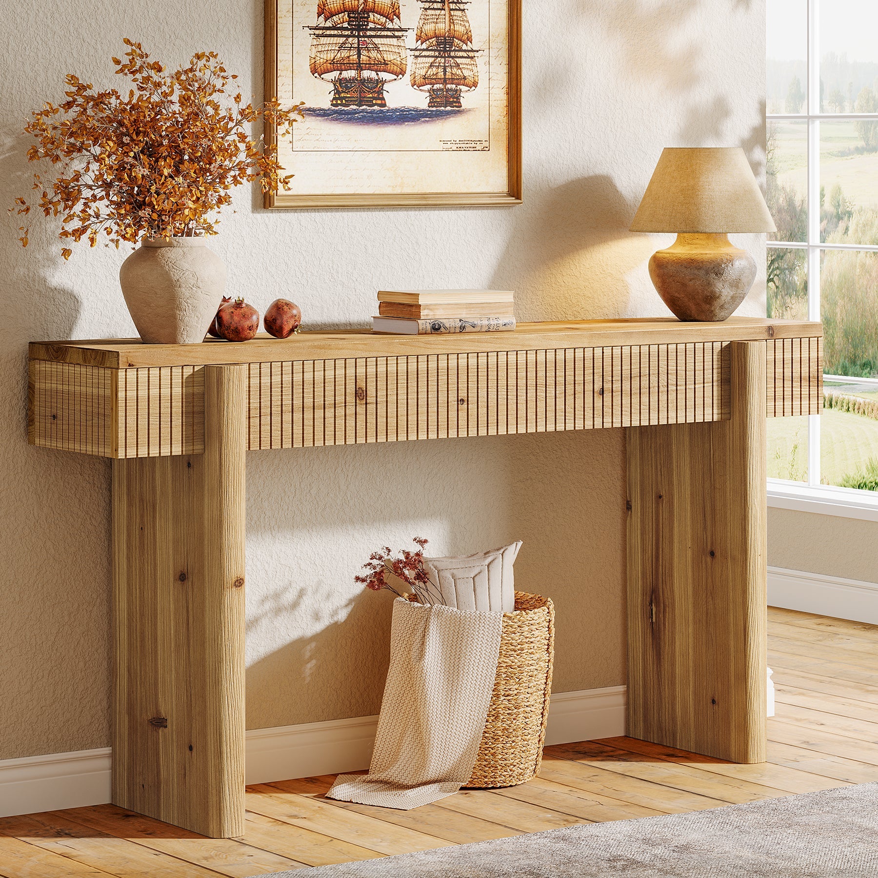 55" Solid Wood Rustic Console Table, Farmhouse Entryway Table Behind Couch for Living Room