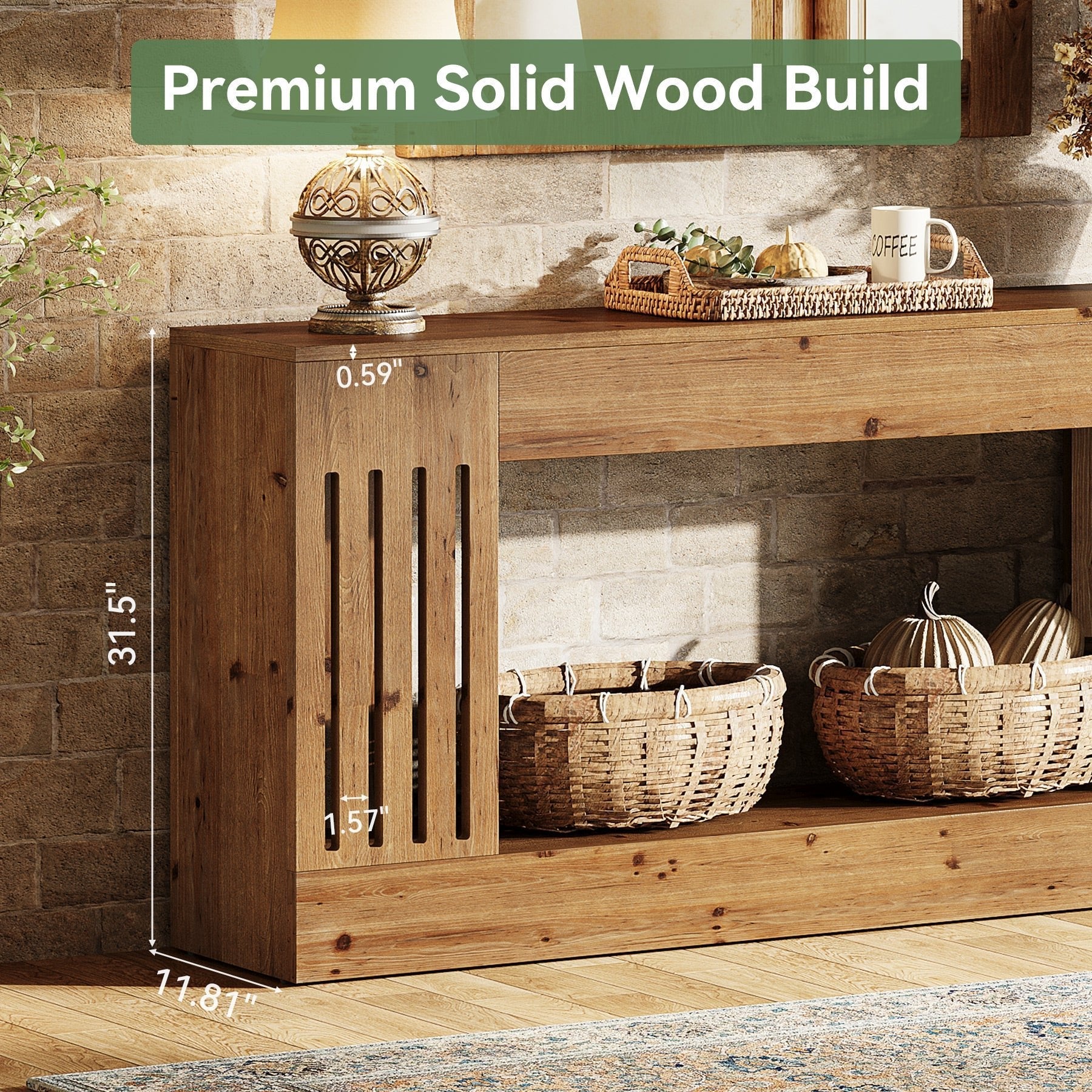 Solid Wood Console Table, 63" Sofa Table Behind Couch with Storage Shelf