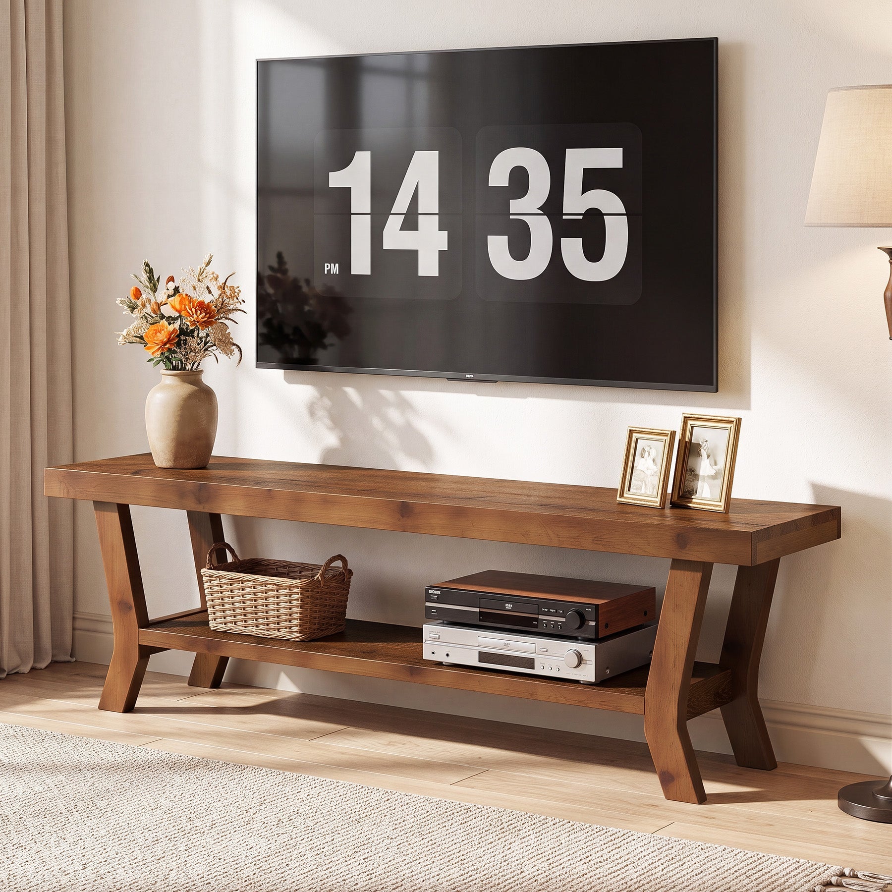 55-Inch Solid Wood TV Stand with Storage Shelf, Low-Profile Console for Living Room