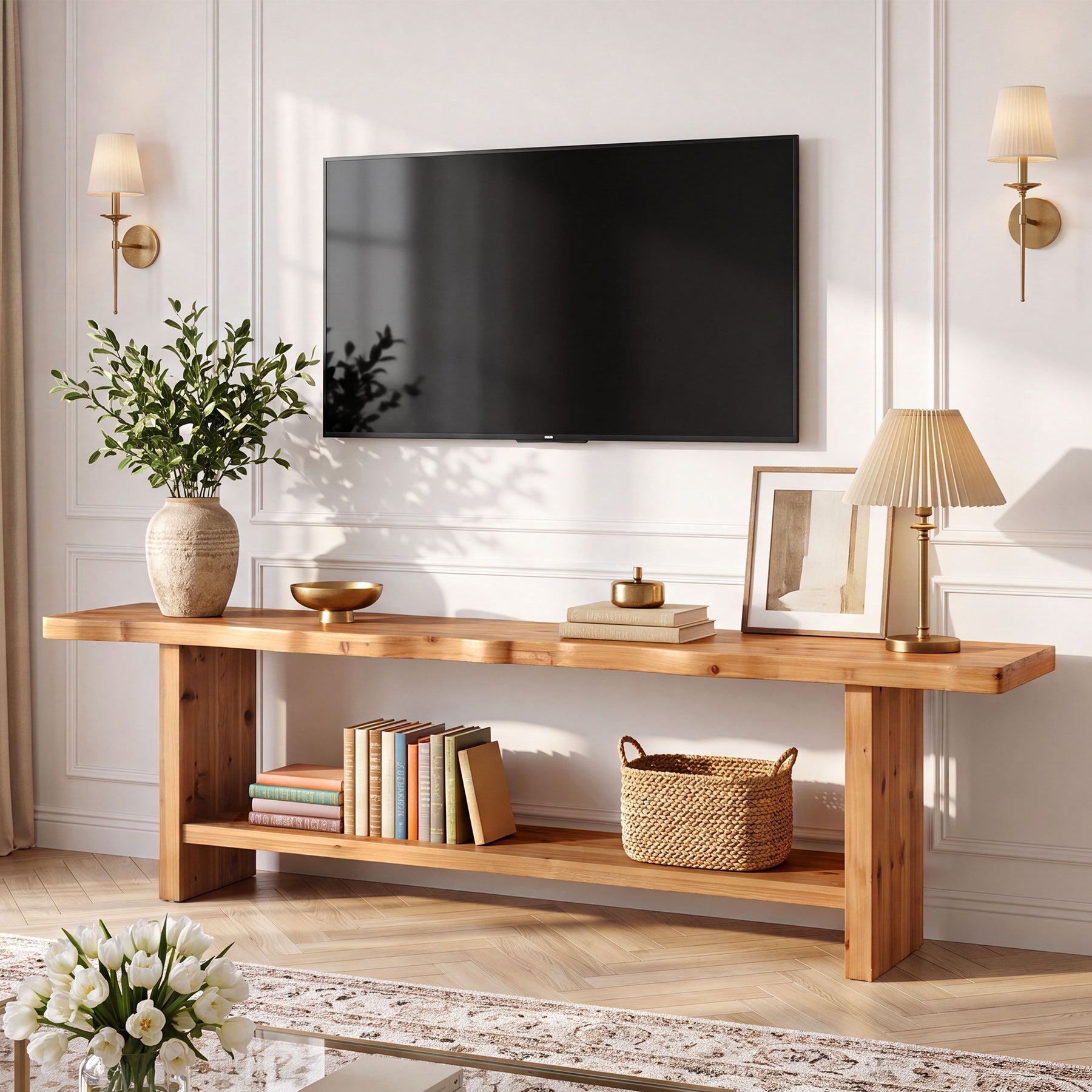 70.8" Solid Wood Entryway Bench, 2-Tier End of Bed Bench for Bedroom, Living Room