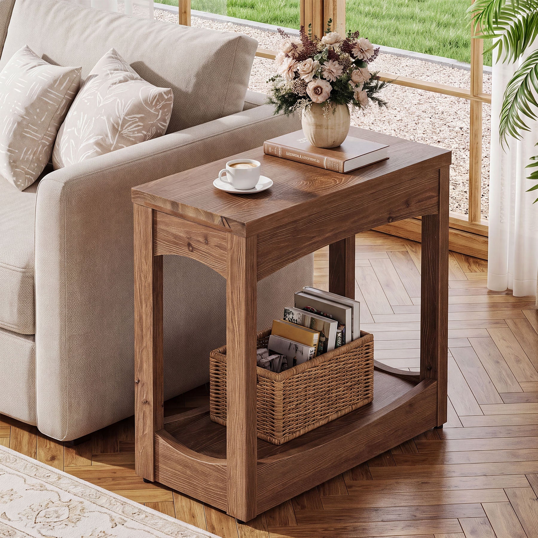 23.62" Solid Wood End Table, Rectangle Side Table with 2-Tier Shelf for Small Spaces