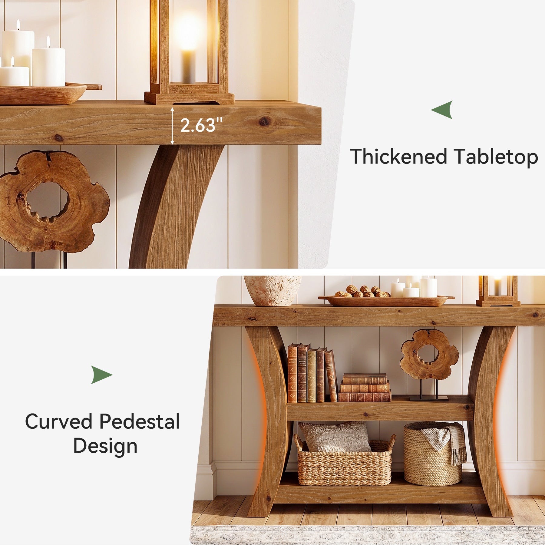 55" Solid Wood Console Table, 3-Tier Entryway Sofa Table with Open Shelves for Entrance