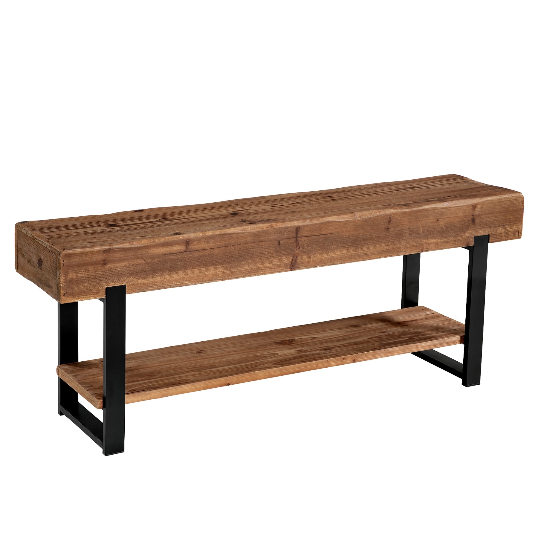 63" Solid Wood Entryway Bench, 2-Tier Shoe Storage Bench with Metal Frame