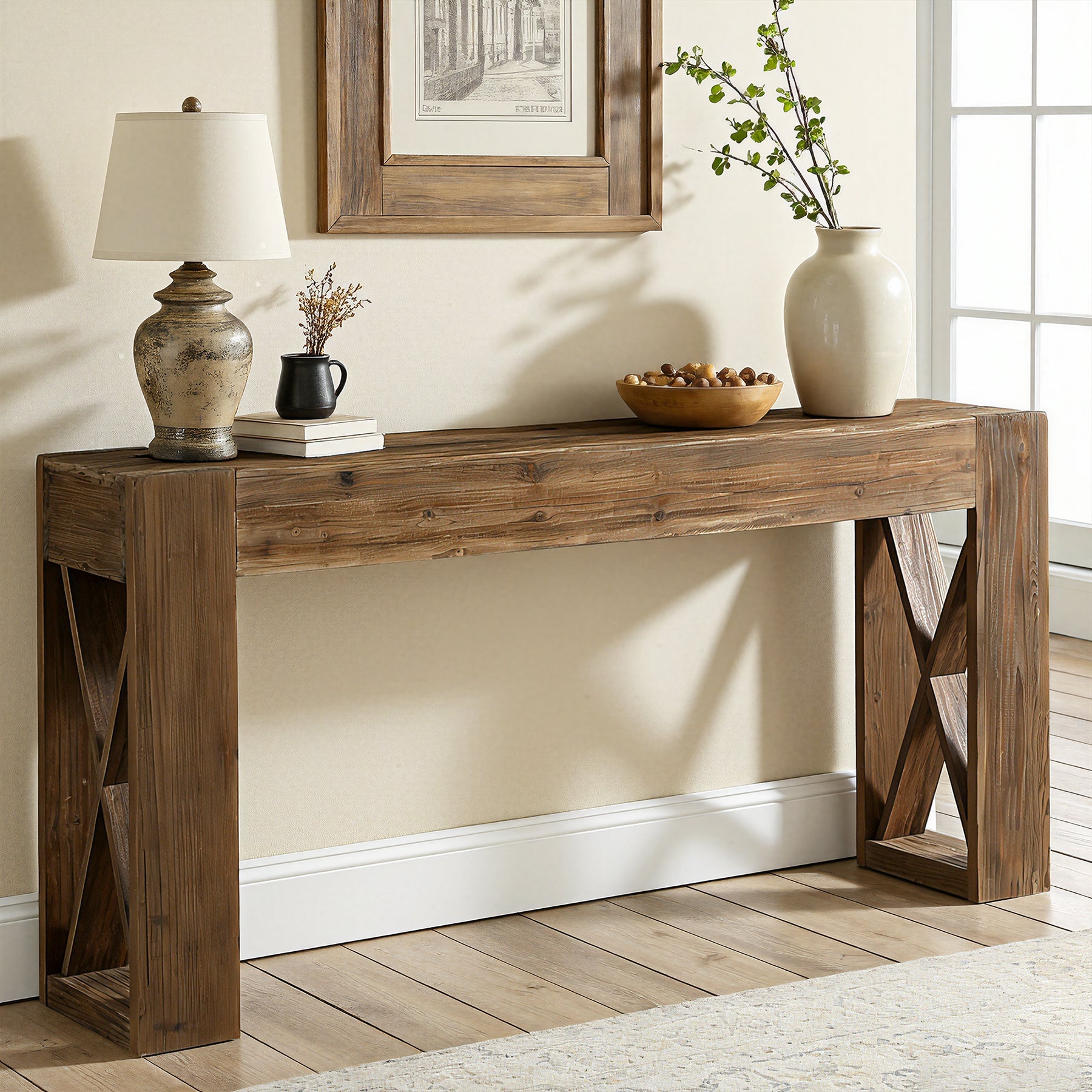 63" Solid Wood Farmhouse Console Table, Narrow Sofa Table with X-Frame Base