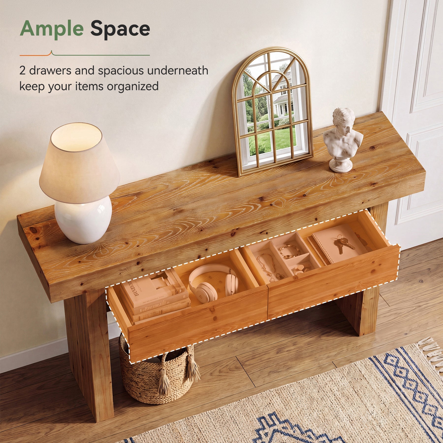 Solid Wood Console Table with 2 Drawers, 63" Farmhouse Entryway Sofa Table Behind Couch