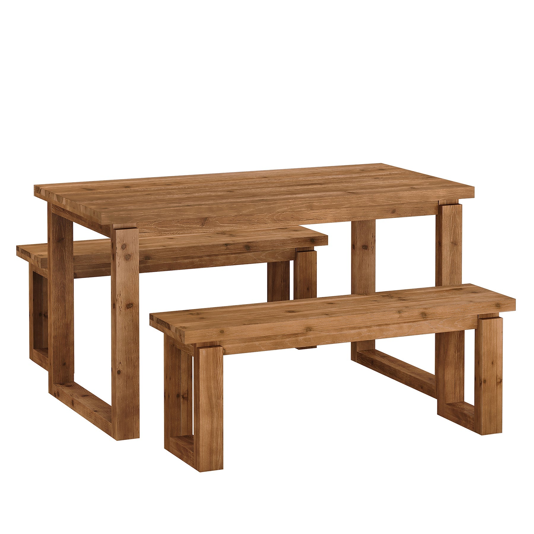 3-Piece Solid Wood Dining Table Set, Rectangular Kitchen Table with 2 Benches
