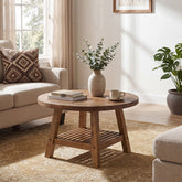 Solid Wood Round Coffee Table, 31.5" Center Table with 2-Tier Storage for Living Room 3