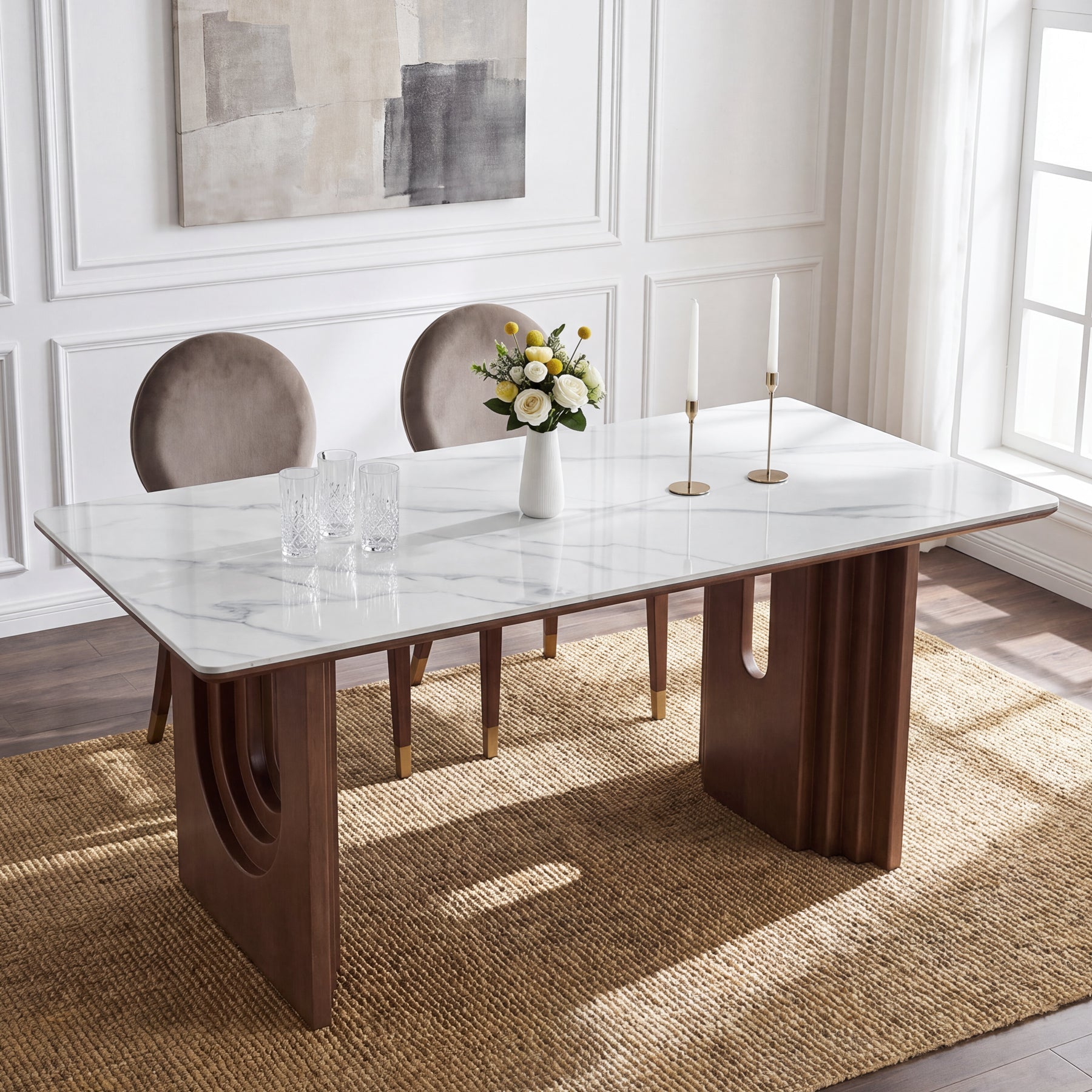 63" Sintered Stone Dining Table with Solid Wood Pedestal Double Base for 6
