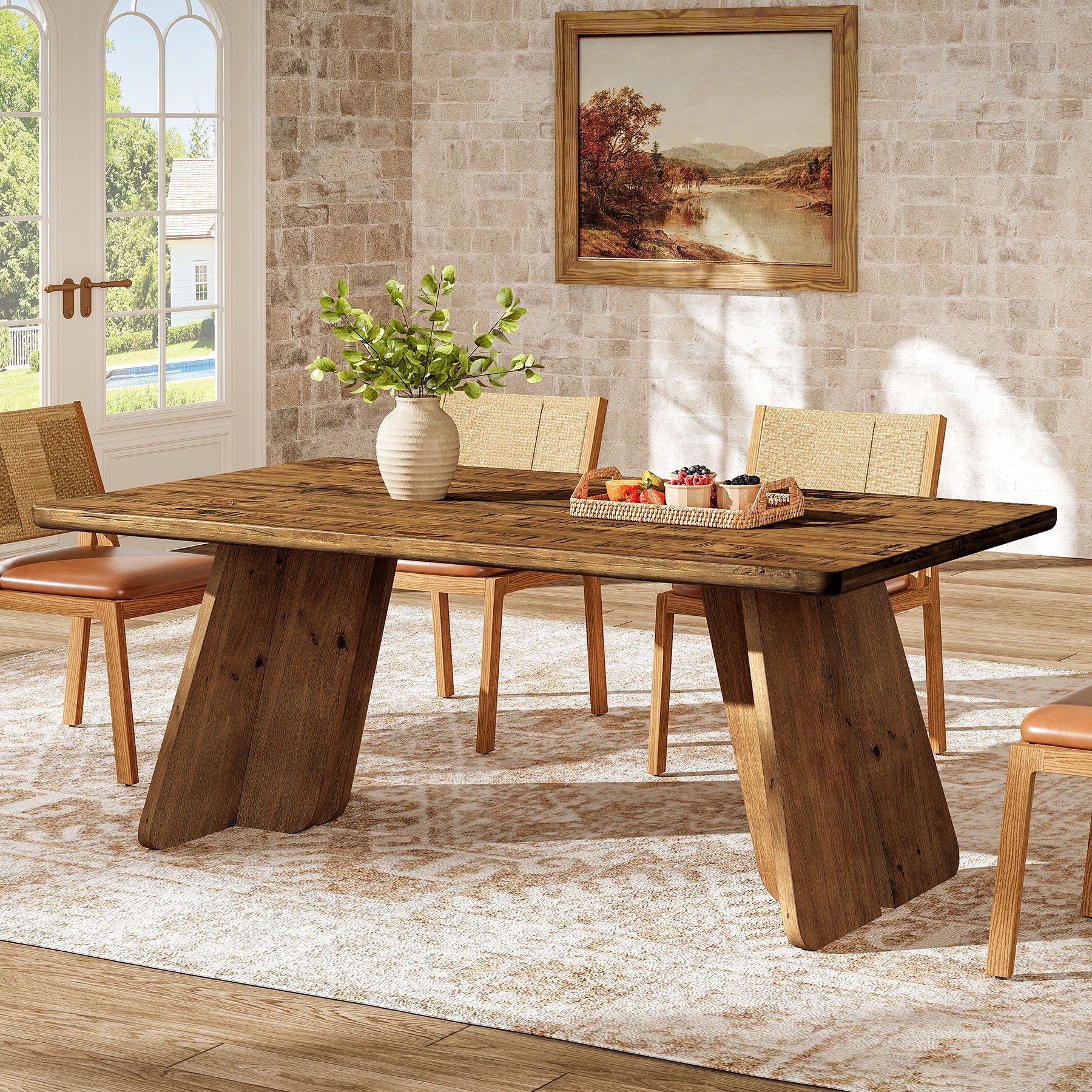 63" Solid Wood Dining Table for 4-6, Farmhouse Kitchen Table with Sturdy Legs