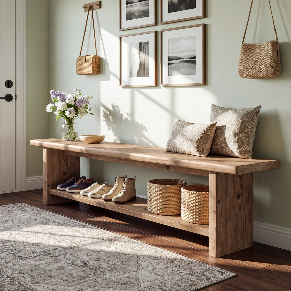 71” Solid Wood Entryway Bench with Shoe Storage Shelf, Indoor Storage Bench for Hallway