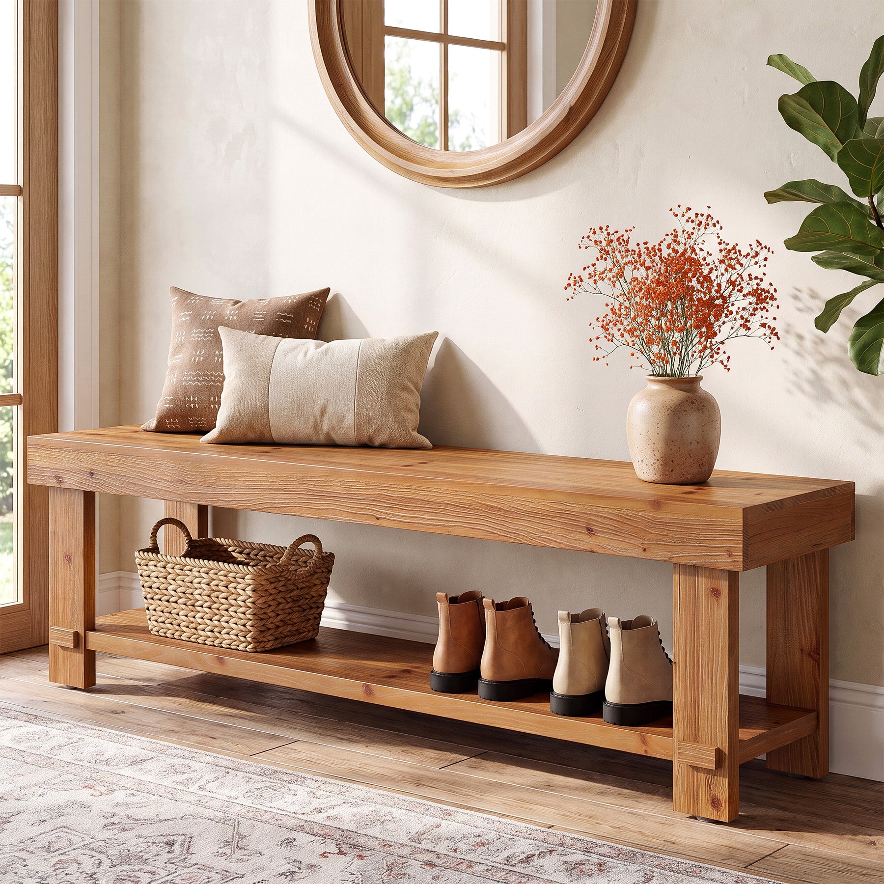 63" Solid Wood Entryway Bench, 2-Tier Shoe Bench End of Bed Bench with Storage
