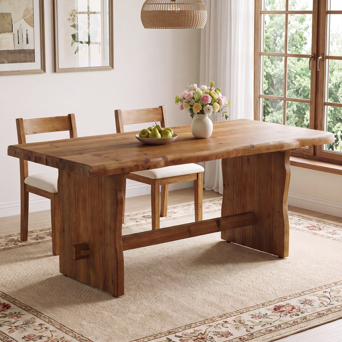 63" Solid Wood Dining Table, Live Edge Rectangular Kitchen Table for 4-6 People