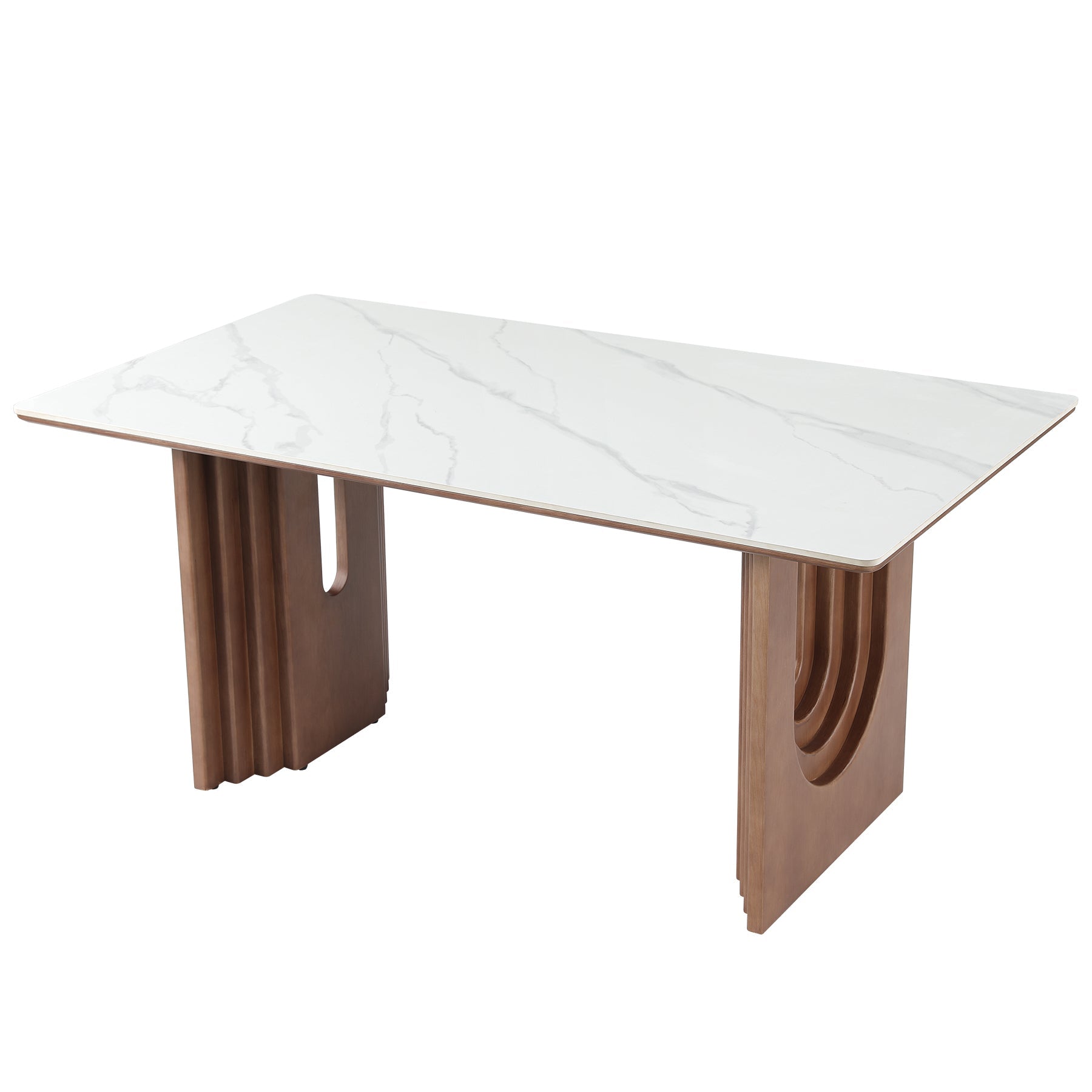 63" Sintered Stone Dining Table with Solid Wood Pedestal Double Base for 6