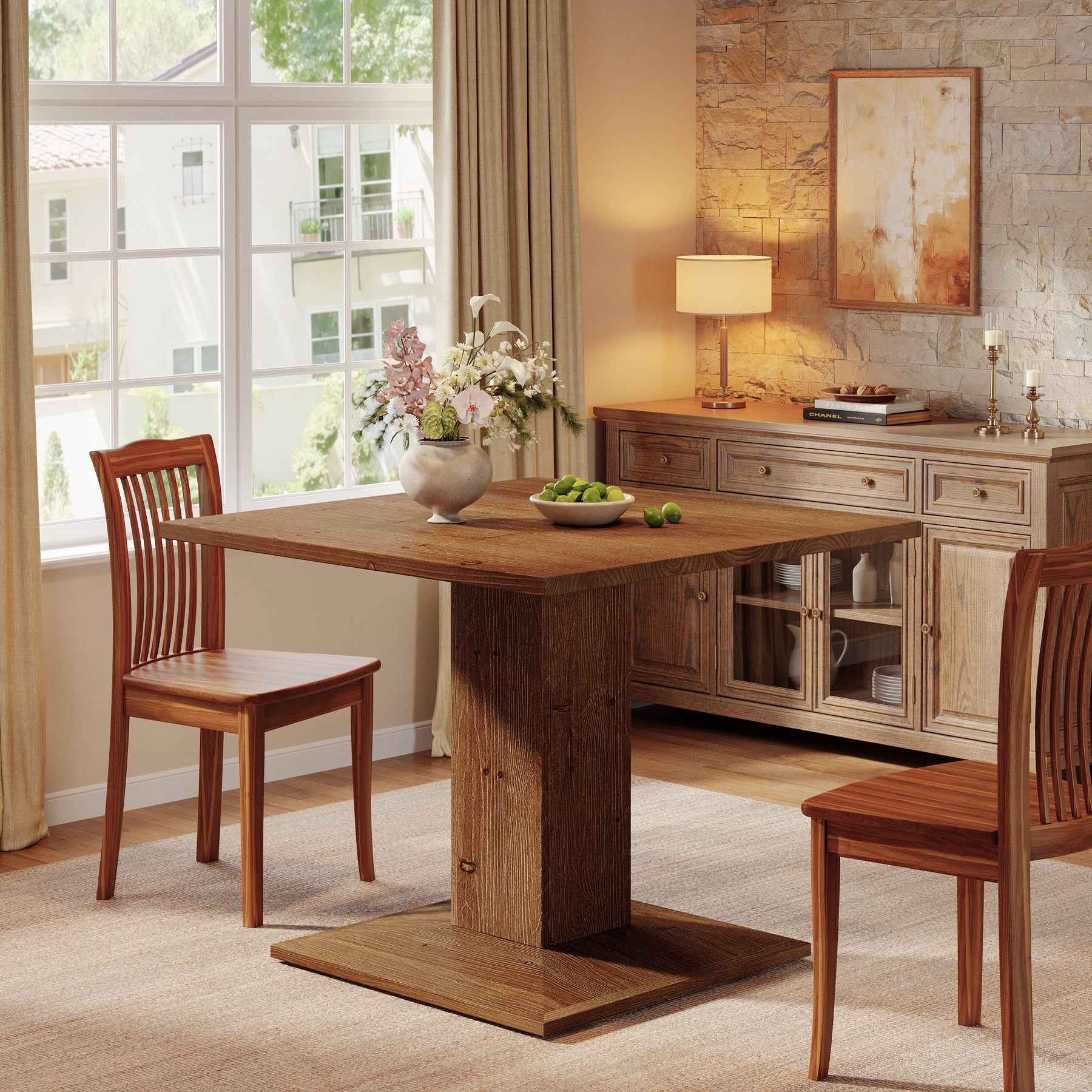Solid Wood Square Dining Table for 4, 31.5" Kitchen Table with Pedestal Base