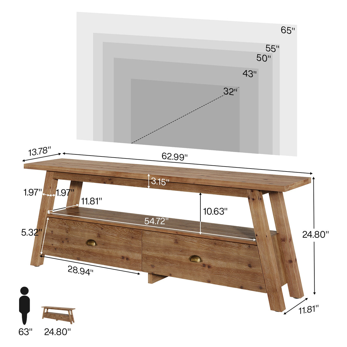63" TV Stand for TVs Up to 70", Solid Wood 2-Tier Media Console with Drawers