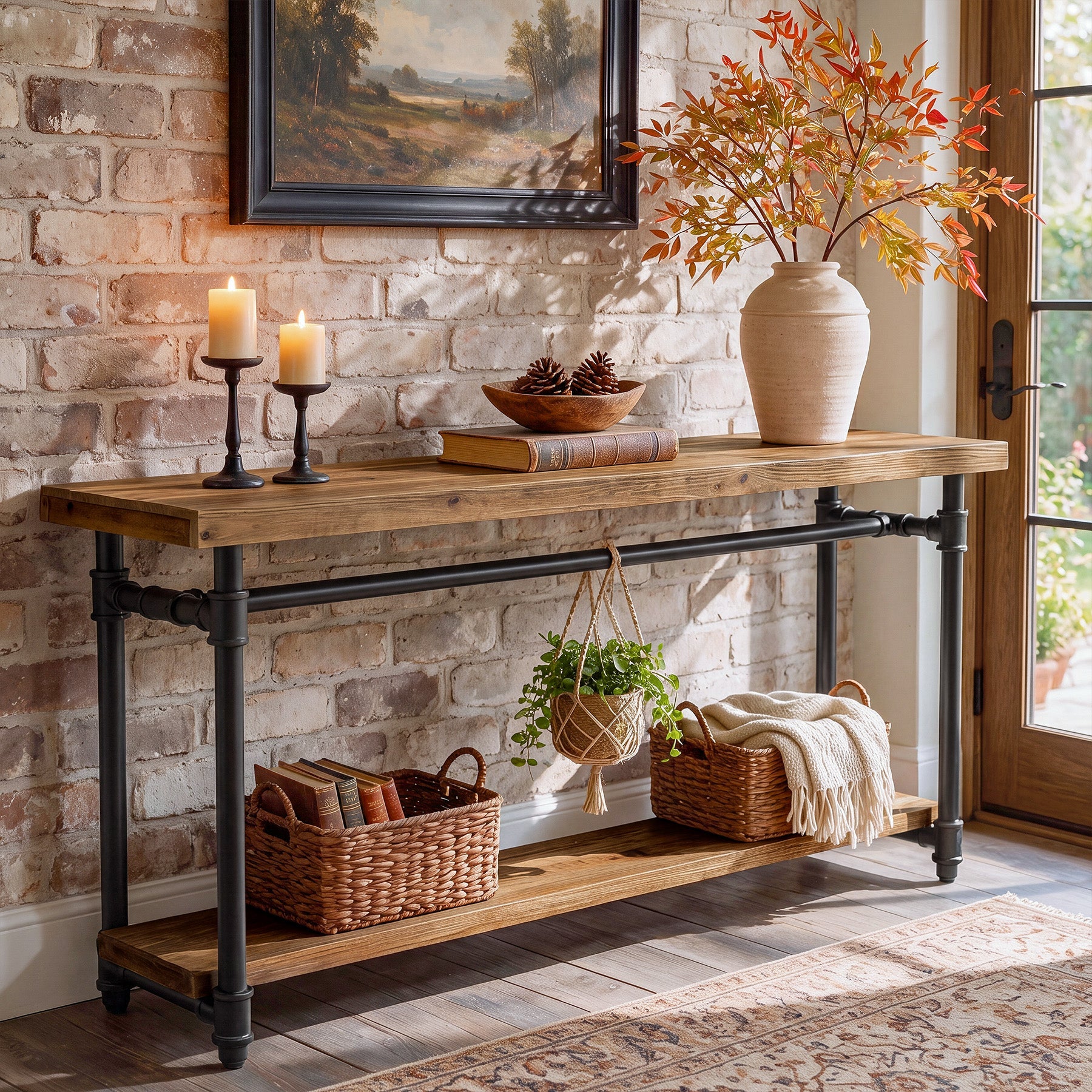 63" Solid Wood Console Table, Narrow Entryway Table with 2-Tier Storage & Metal Pipe Frame
