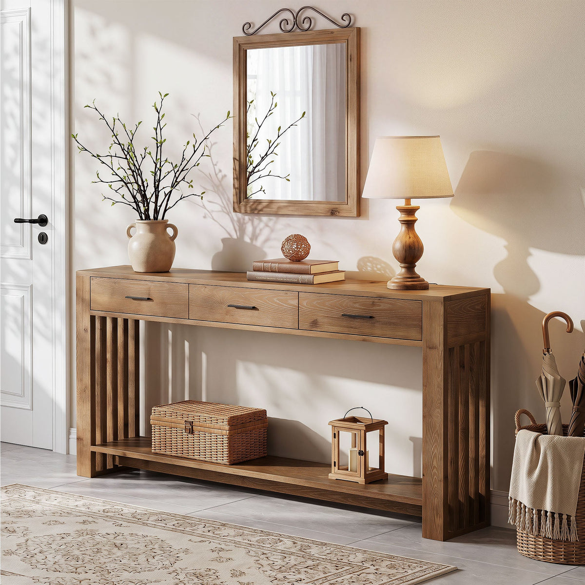 63" Solid Wood Console Table, 3 Drawers 2-Tier Narrow Farmhouse Entryway Table