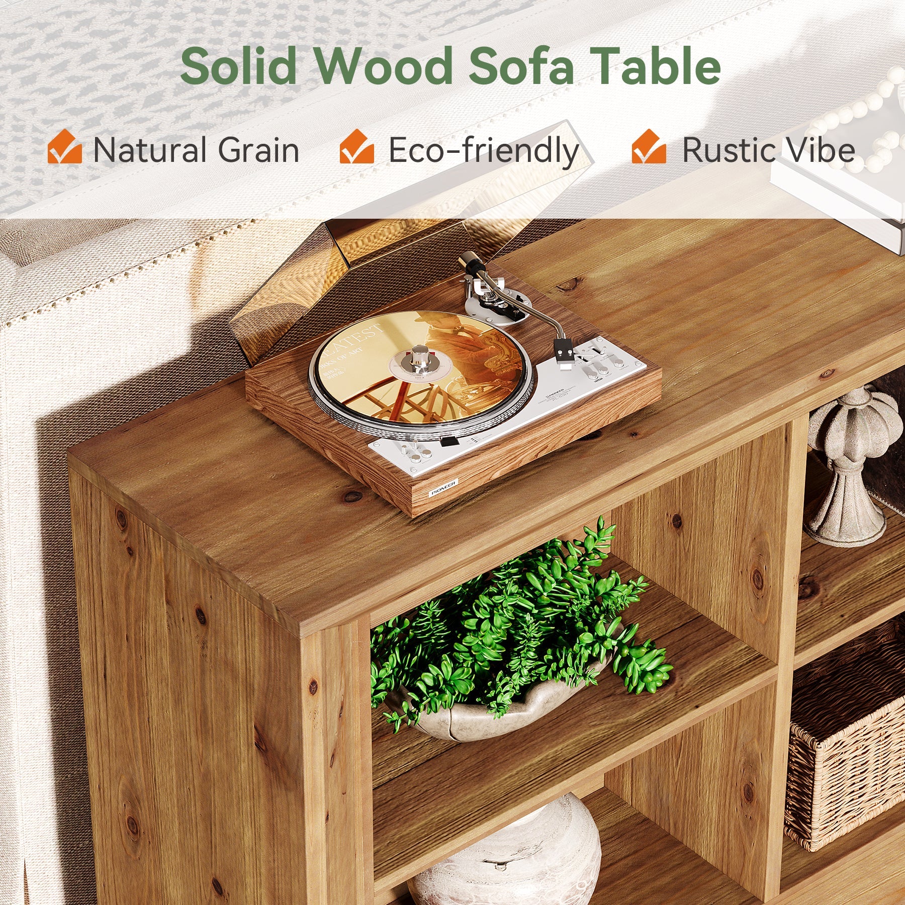 63" Solid Wood Console Table, Farmhouse Entryway Table with 6 Storage Cubes