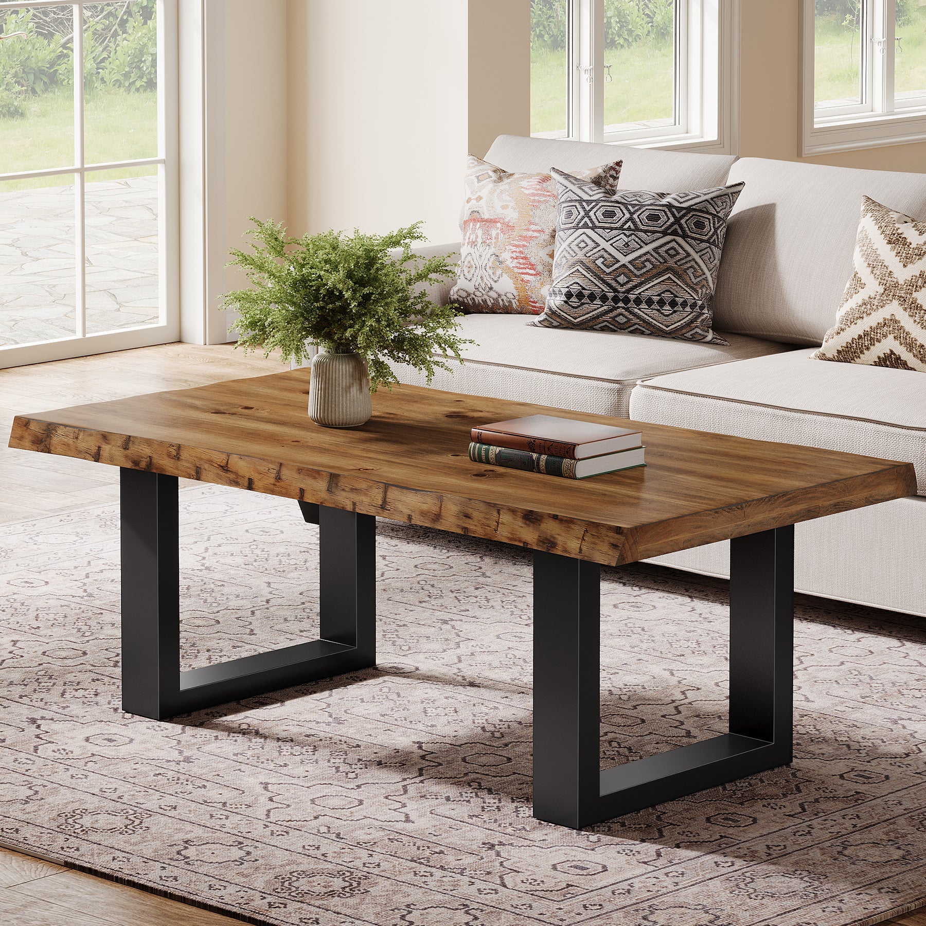 47" Solid Wood Coffee Table, Industrial Modern Center Table with Metal Base for Living Room